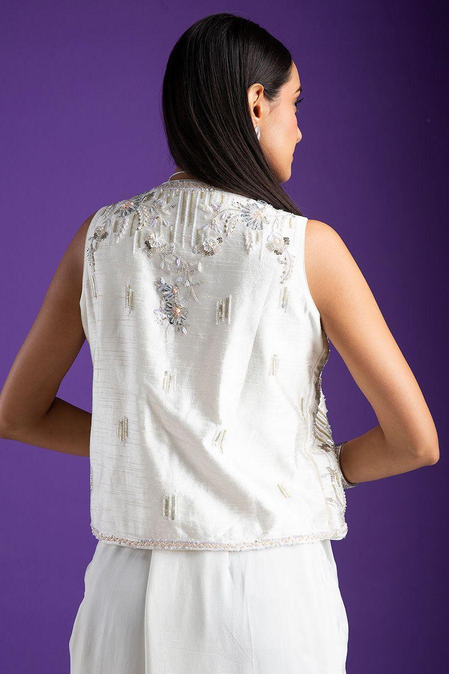 Chic White Draped Indo-Western with Embellished Jacket - Mokshaa