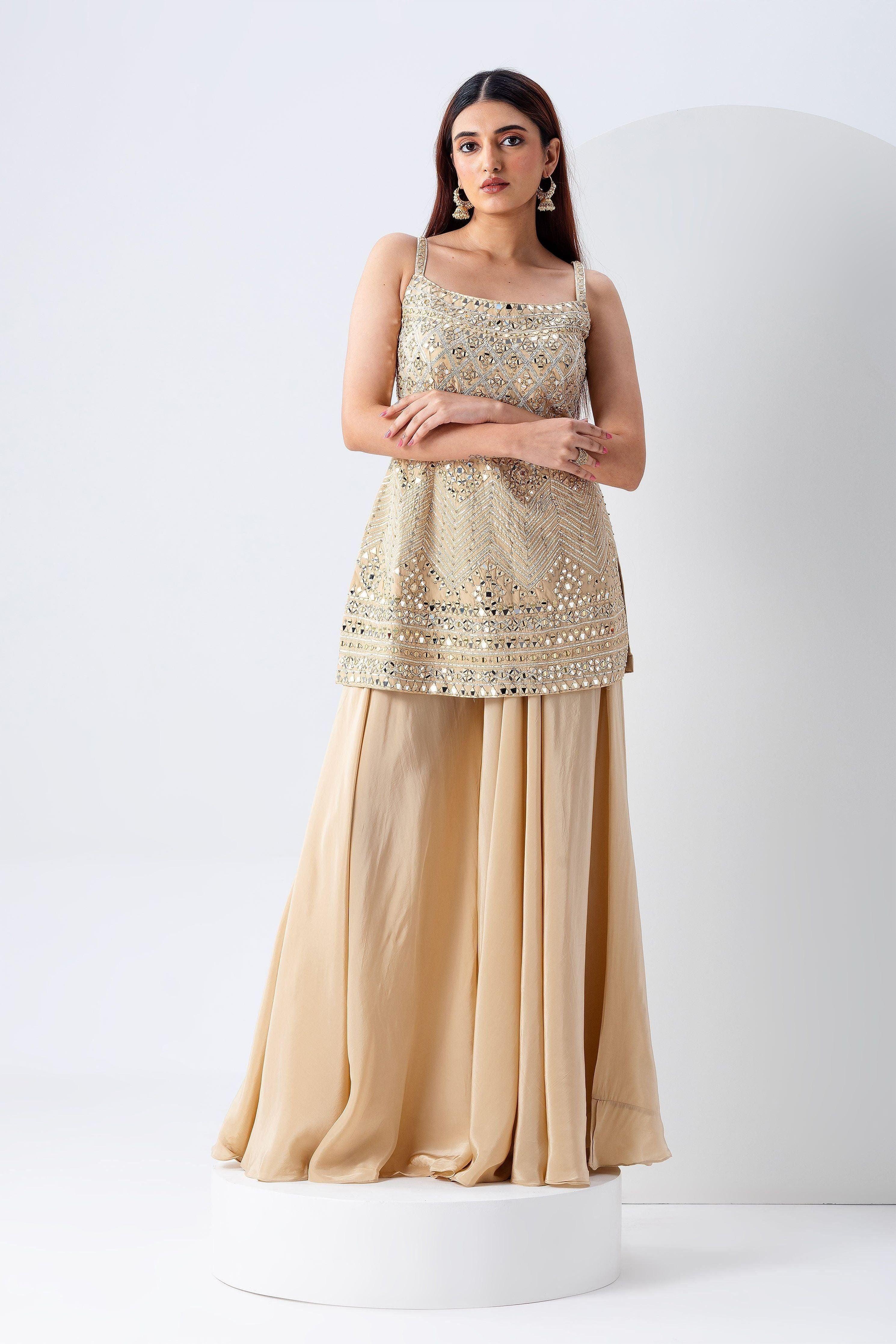 Beige Mirror Work Top And Bottom Set - Mokshaa