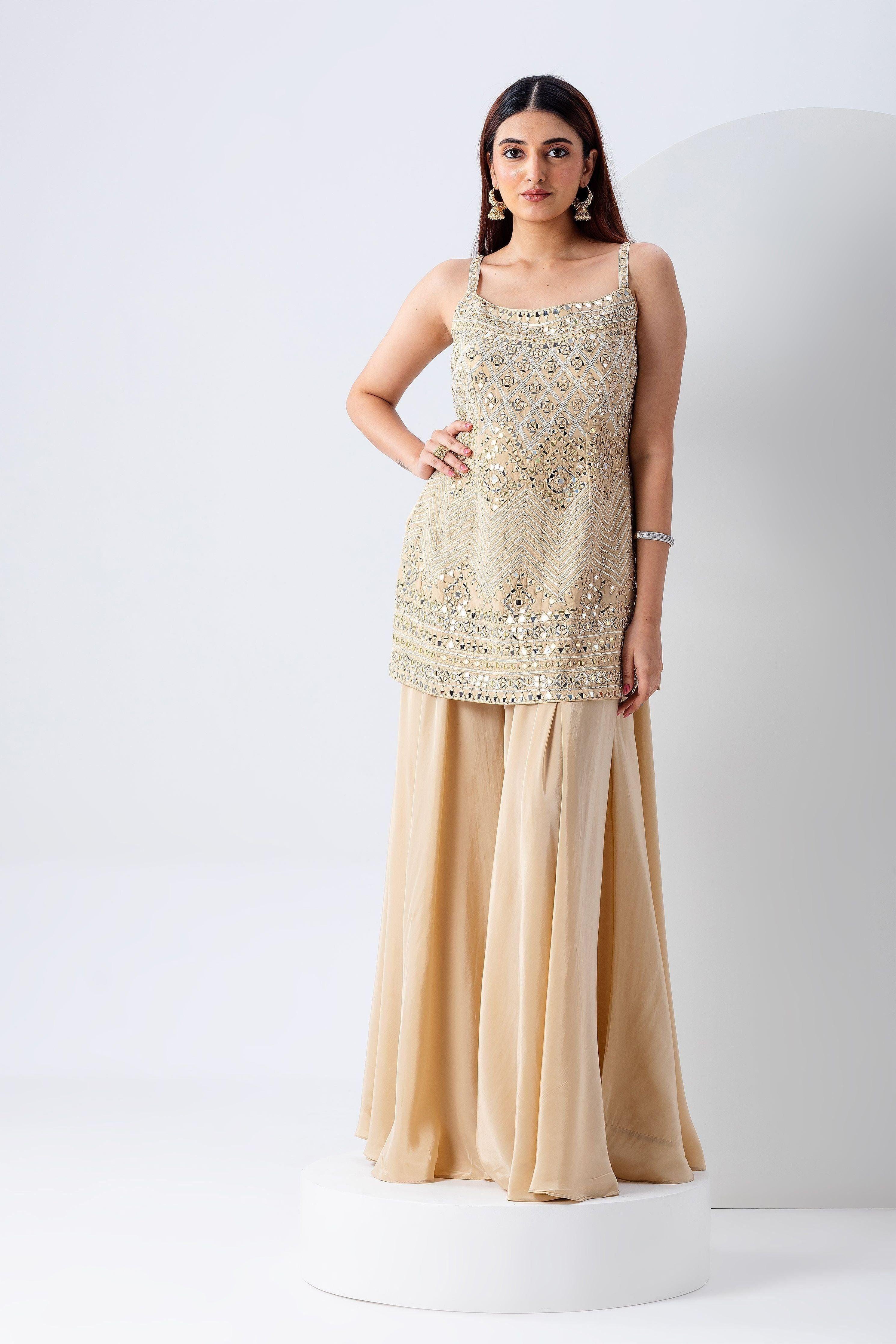 Beige Mirror Work Top And Bottom Set - Mokshaa