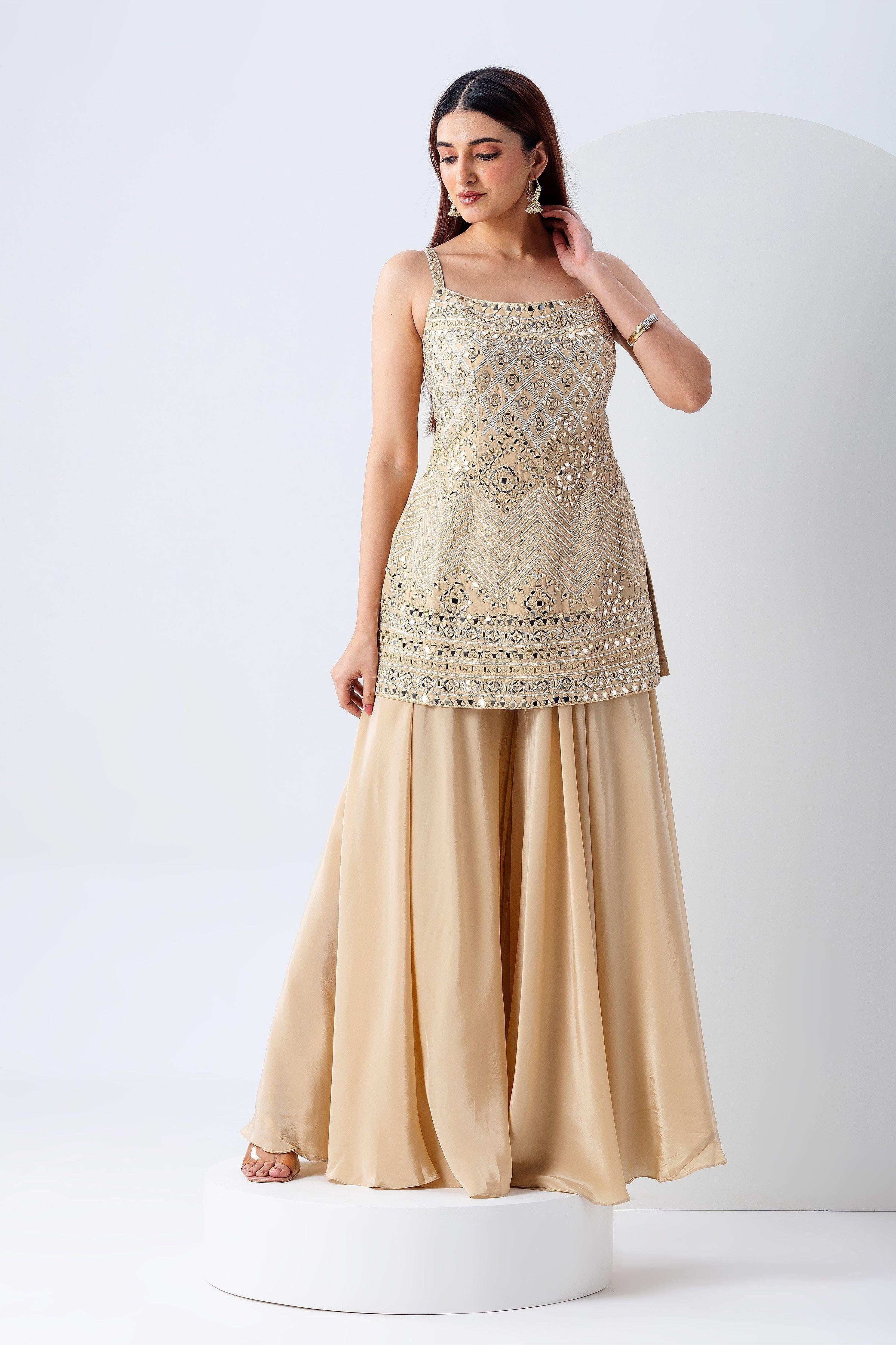 Beige Mirror Work Top And Bottom Set - Mokshaa