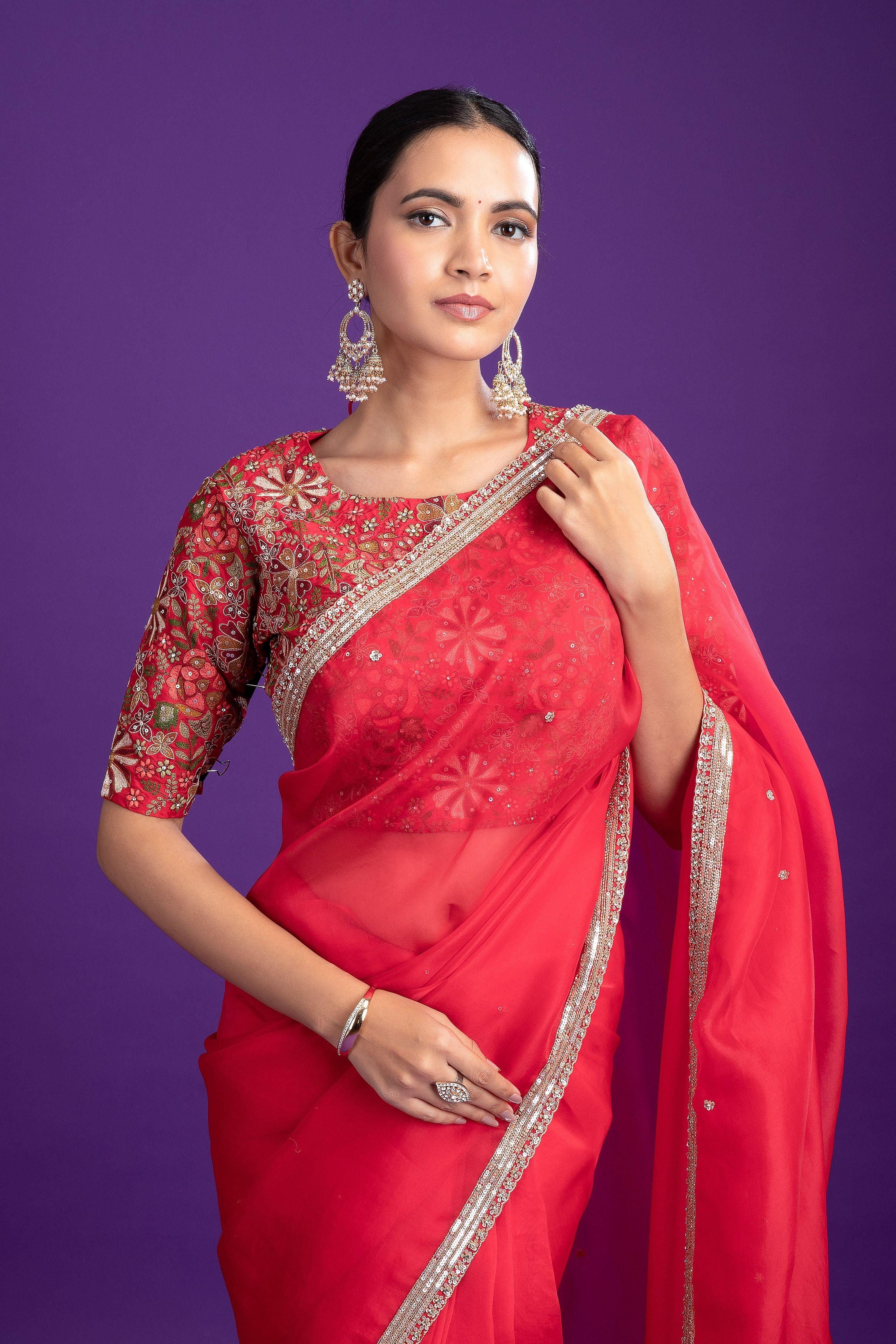 Classic Red Organza Saree with Zari Border - Mokshaa