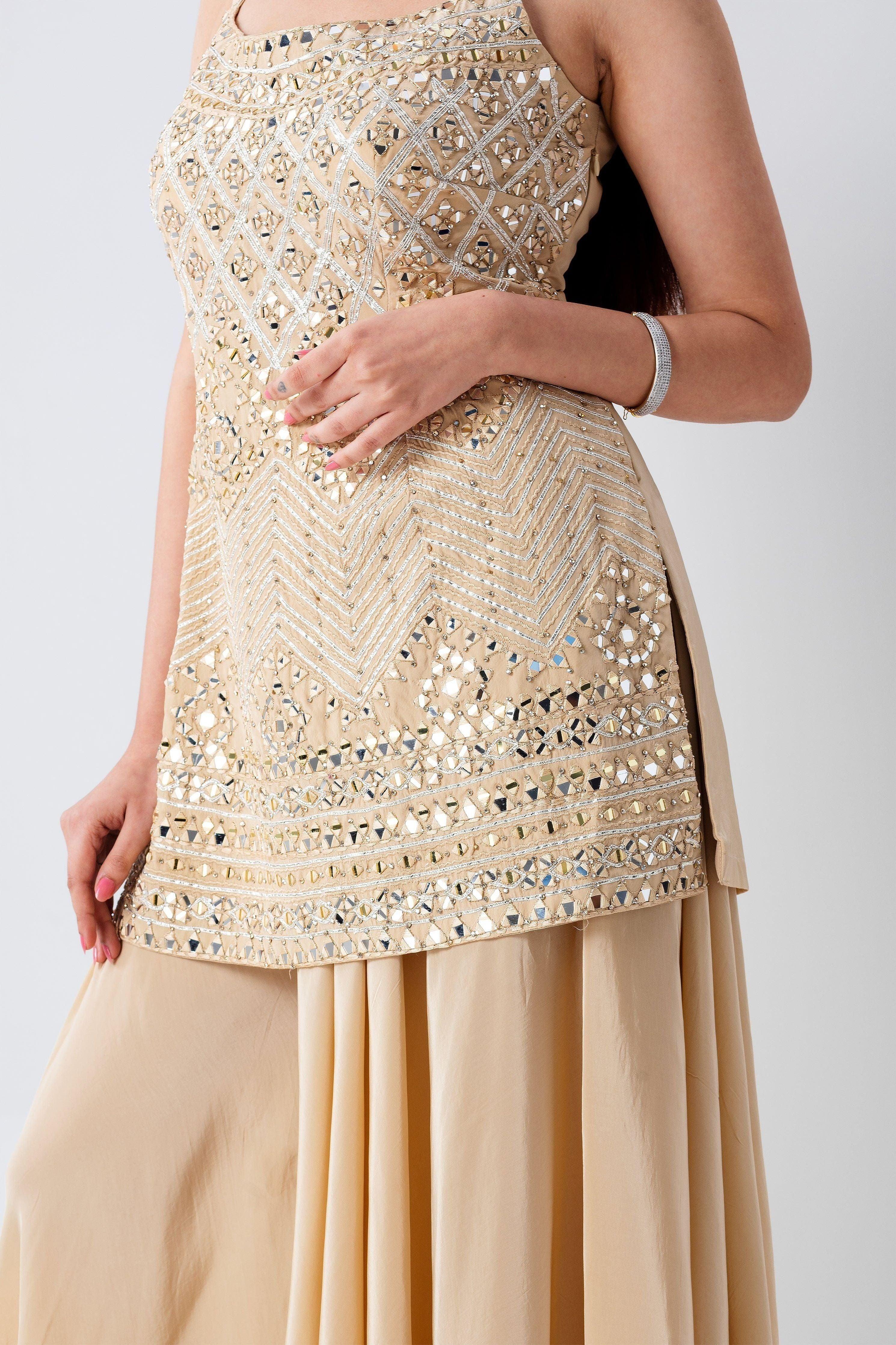 Beige Mirror Work Top And Bottom Set - Mokshaa