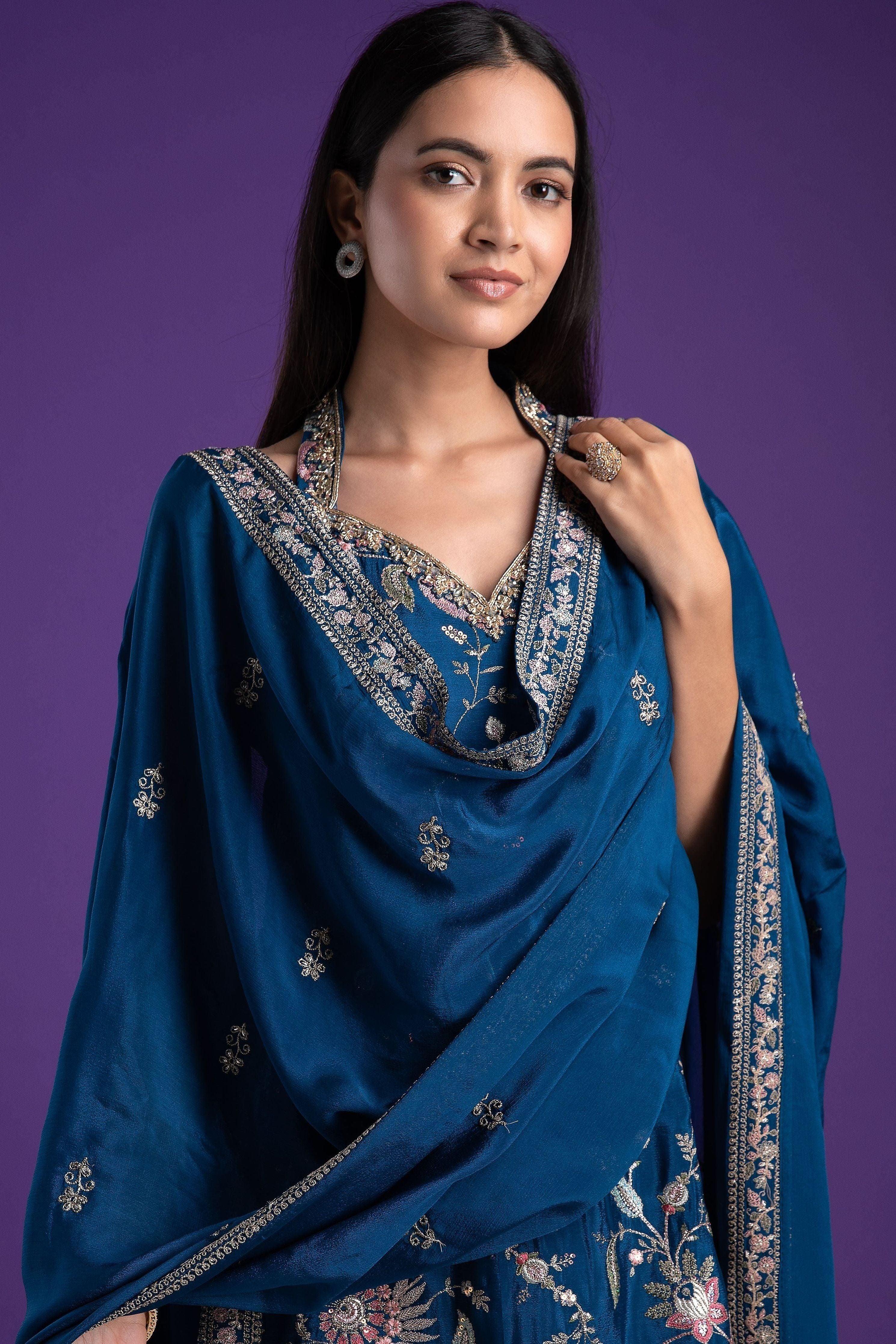 Elegant Indigo Blue Halter Neck Sharara Set - Mokshaa