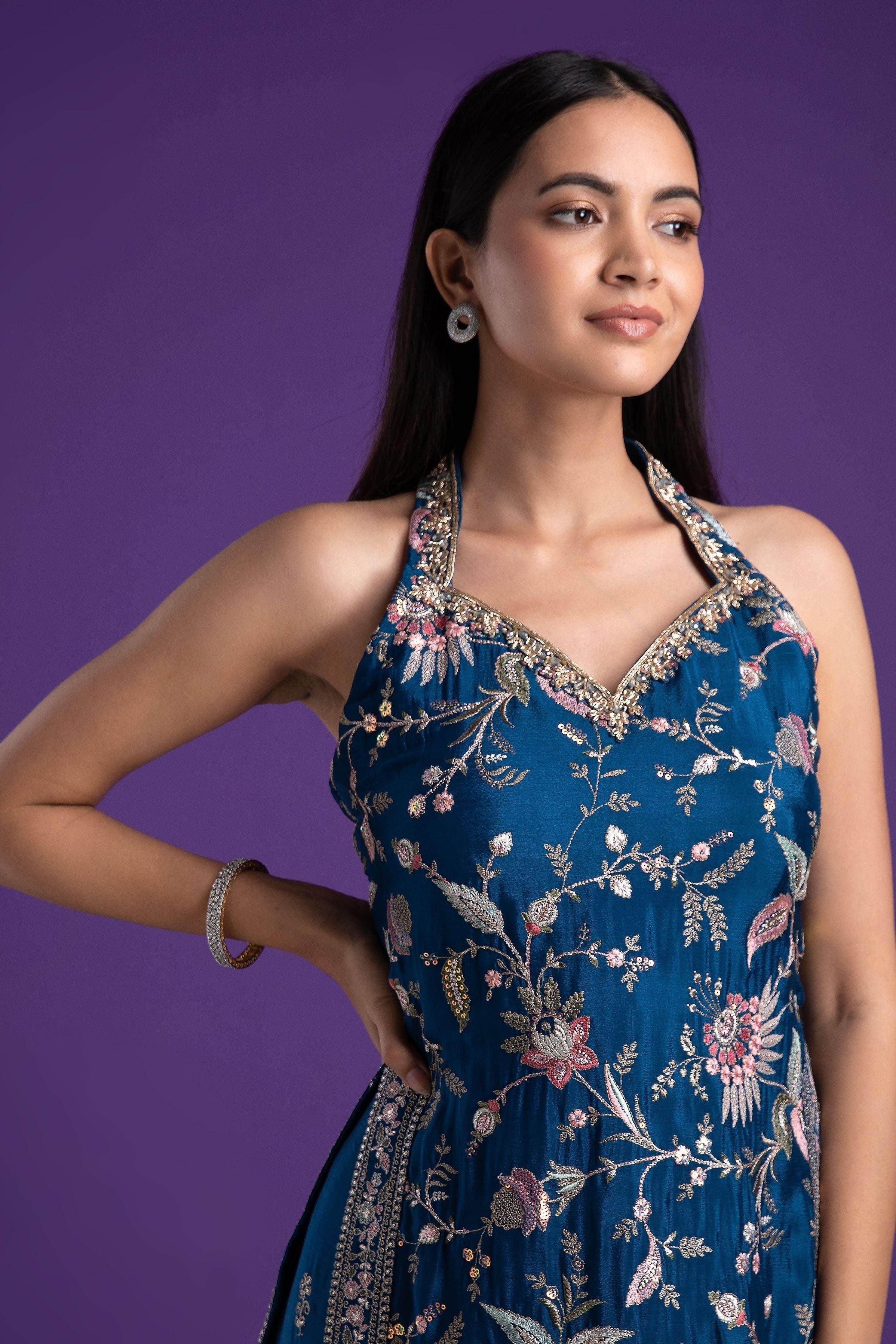 Elegant Indigo Blue Halter Neck Sharara Set - Mokshaa
