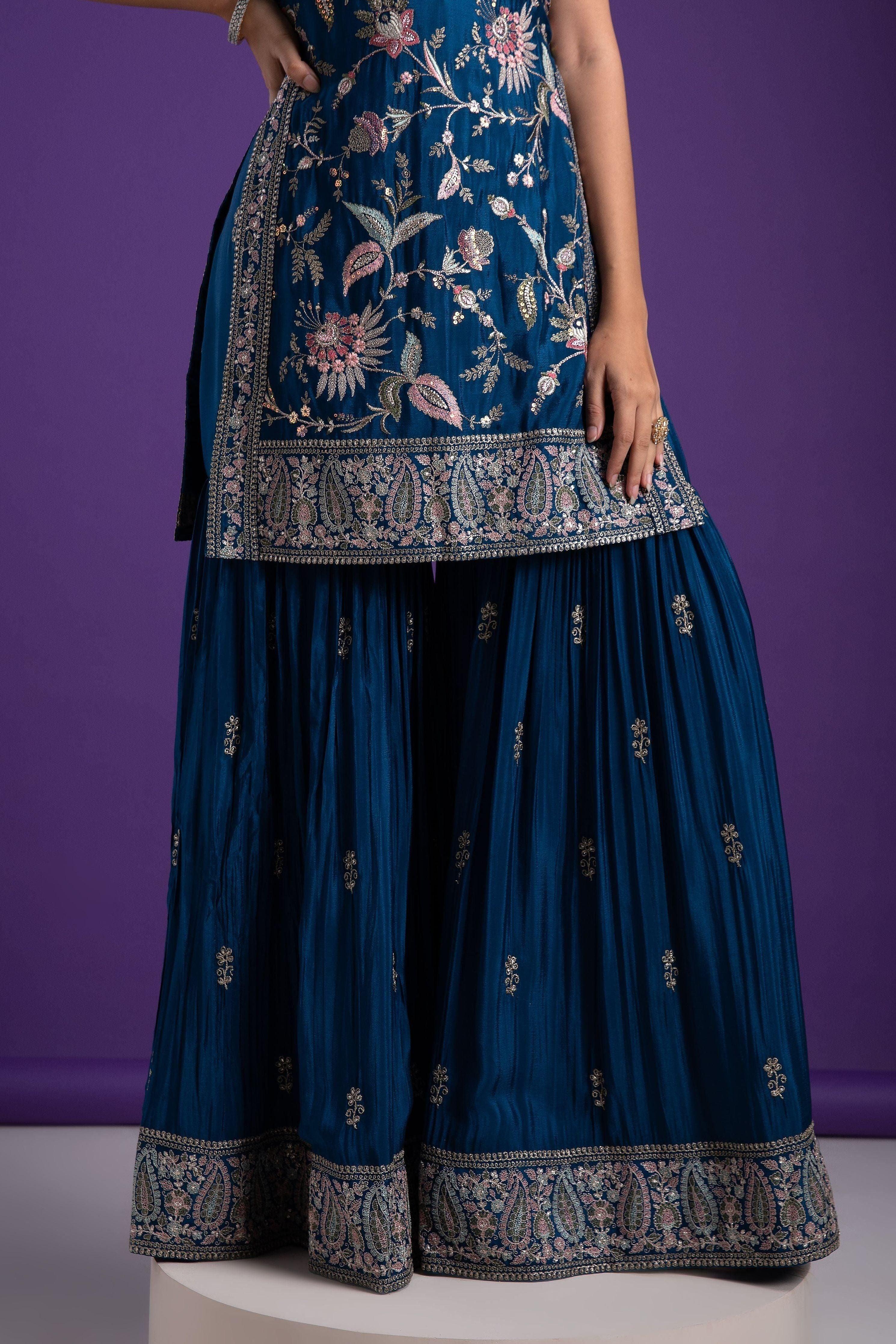 Elegant Indigo Blue Halter Neck Sharara Set - Mokshaa