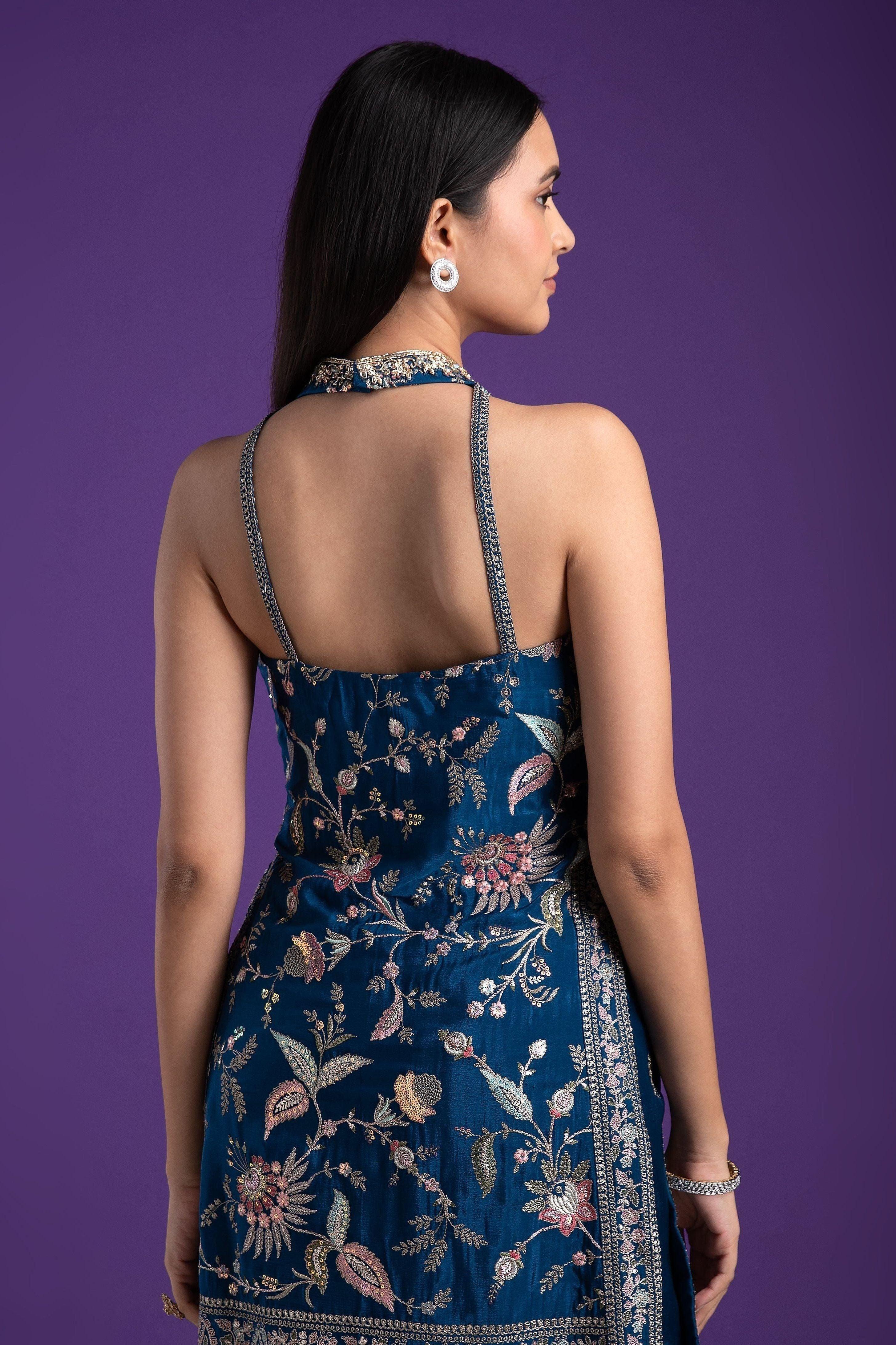 Elegant Indigo Blue Halter Neck Sharara Set - Mokshaa