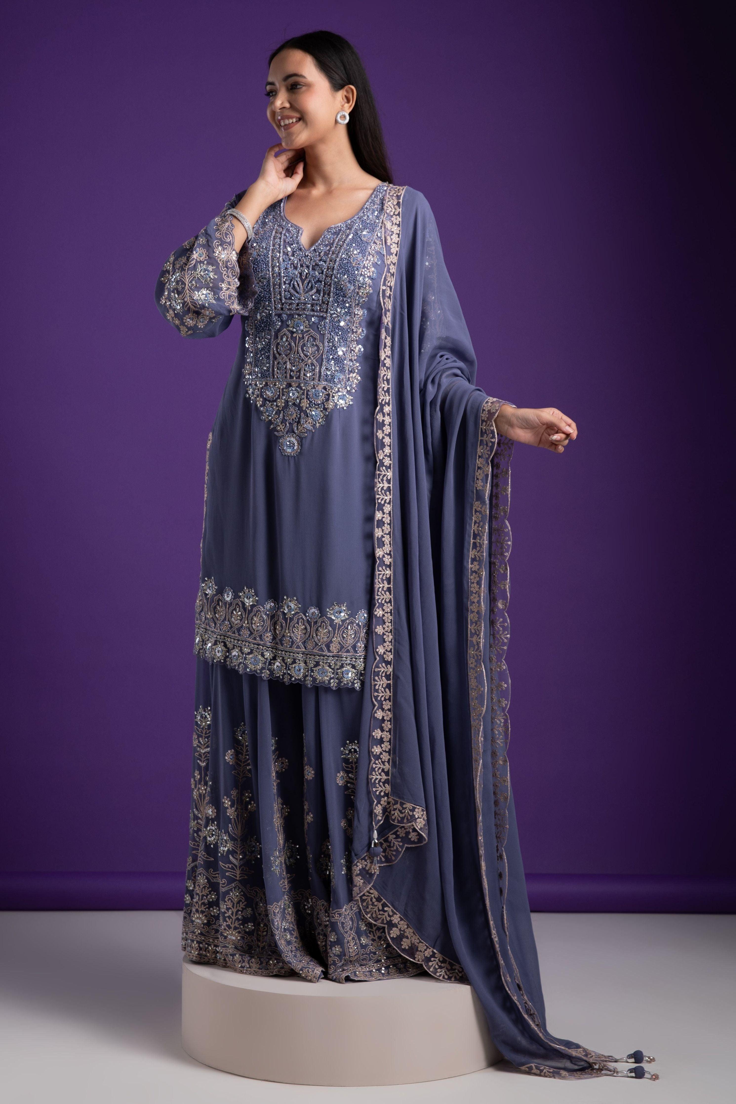 Blue Grey Sharara Set - Mokshaa