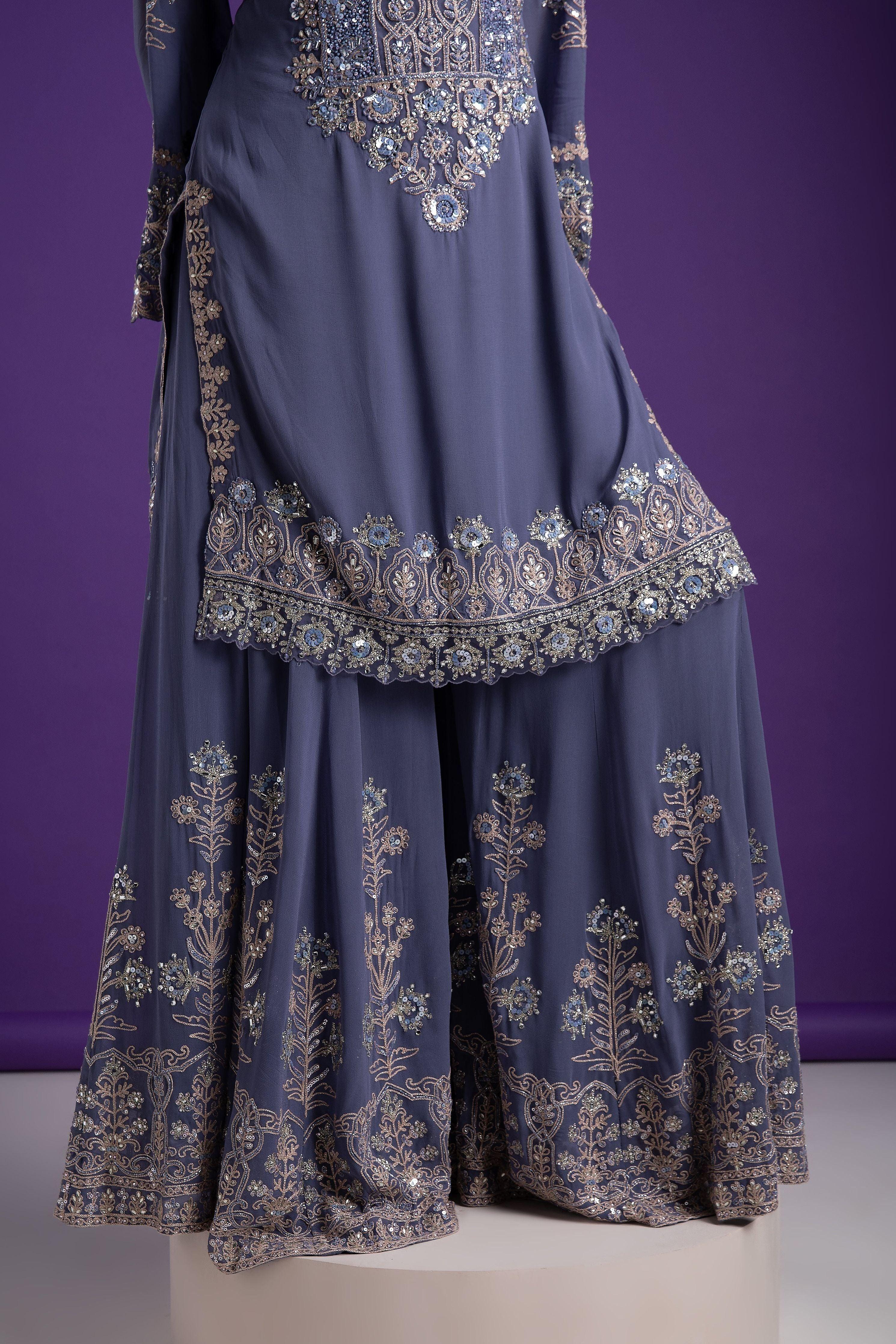 Blue Grey Sharara Set - Mokshaa