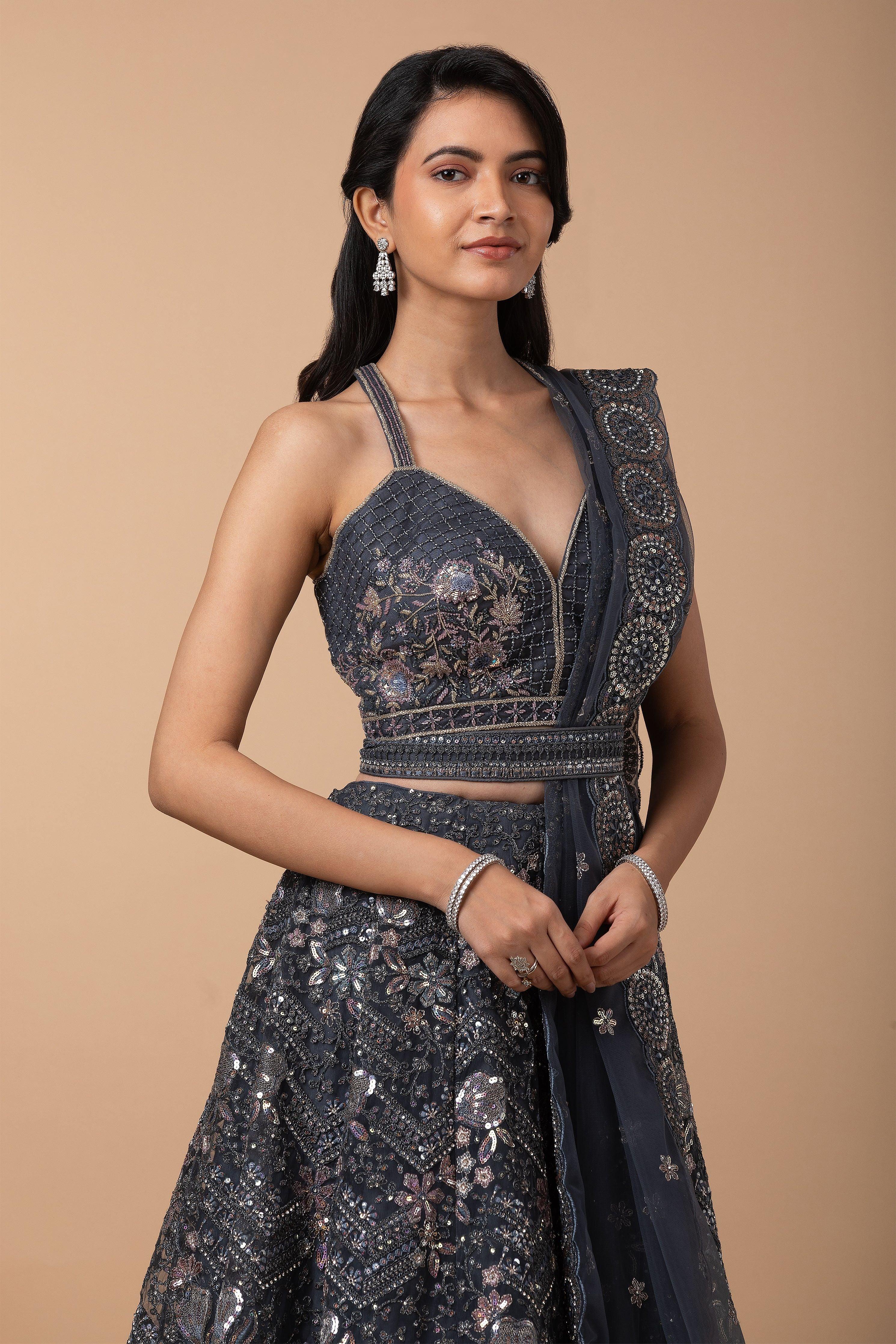 Charcoal Grey Embroidered Lehenga Set - Mokshaa