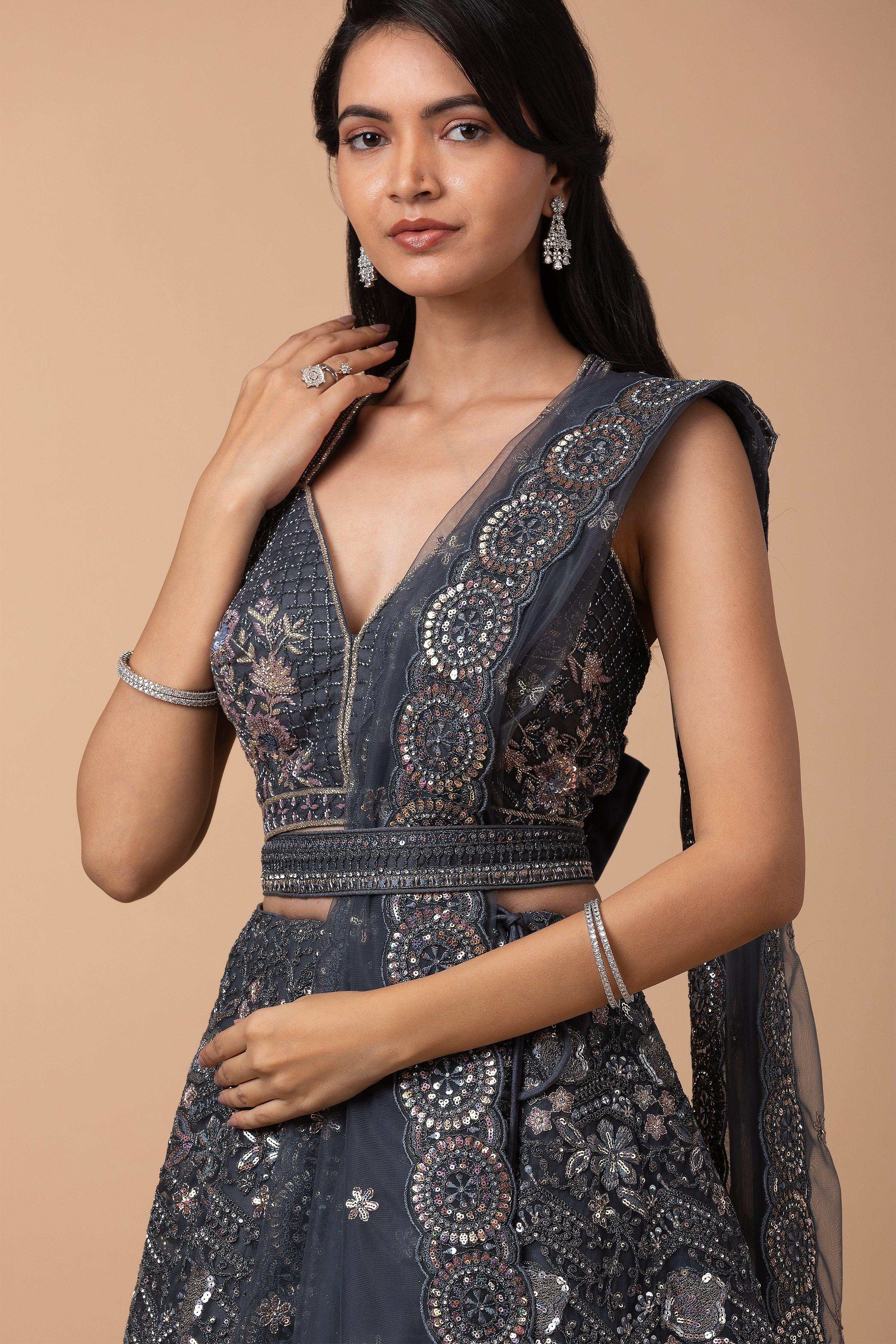 Charcoal Grey Embroidered Lehenga Set - Mokshaa