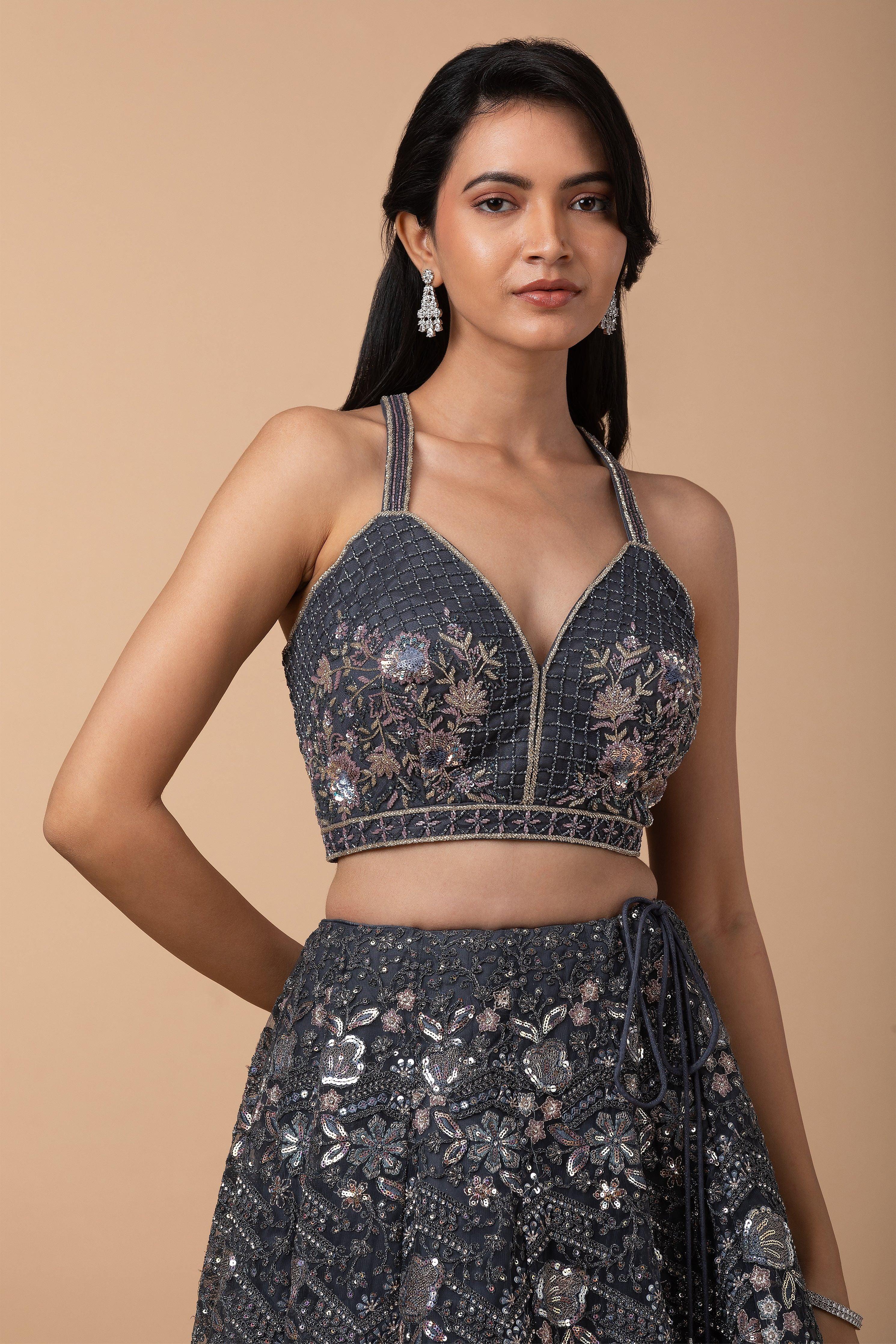 Charcoal Grey Embroidered Lehenga Set - Mokshaa