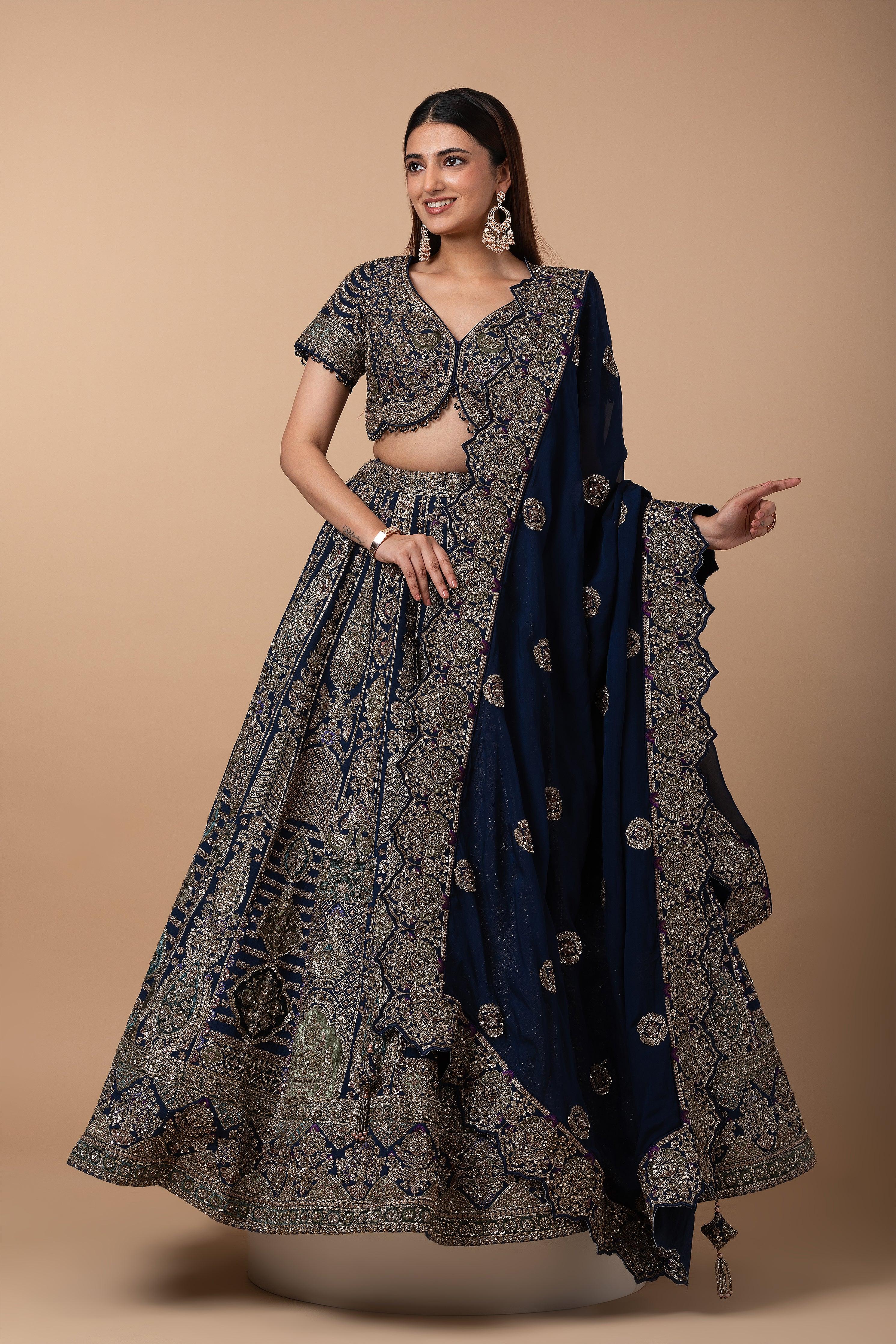 Midnight Blue Zardosi Embroidered Lehenga Set - Mokshaa