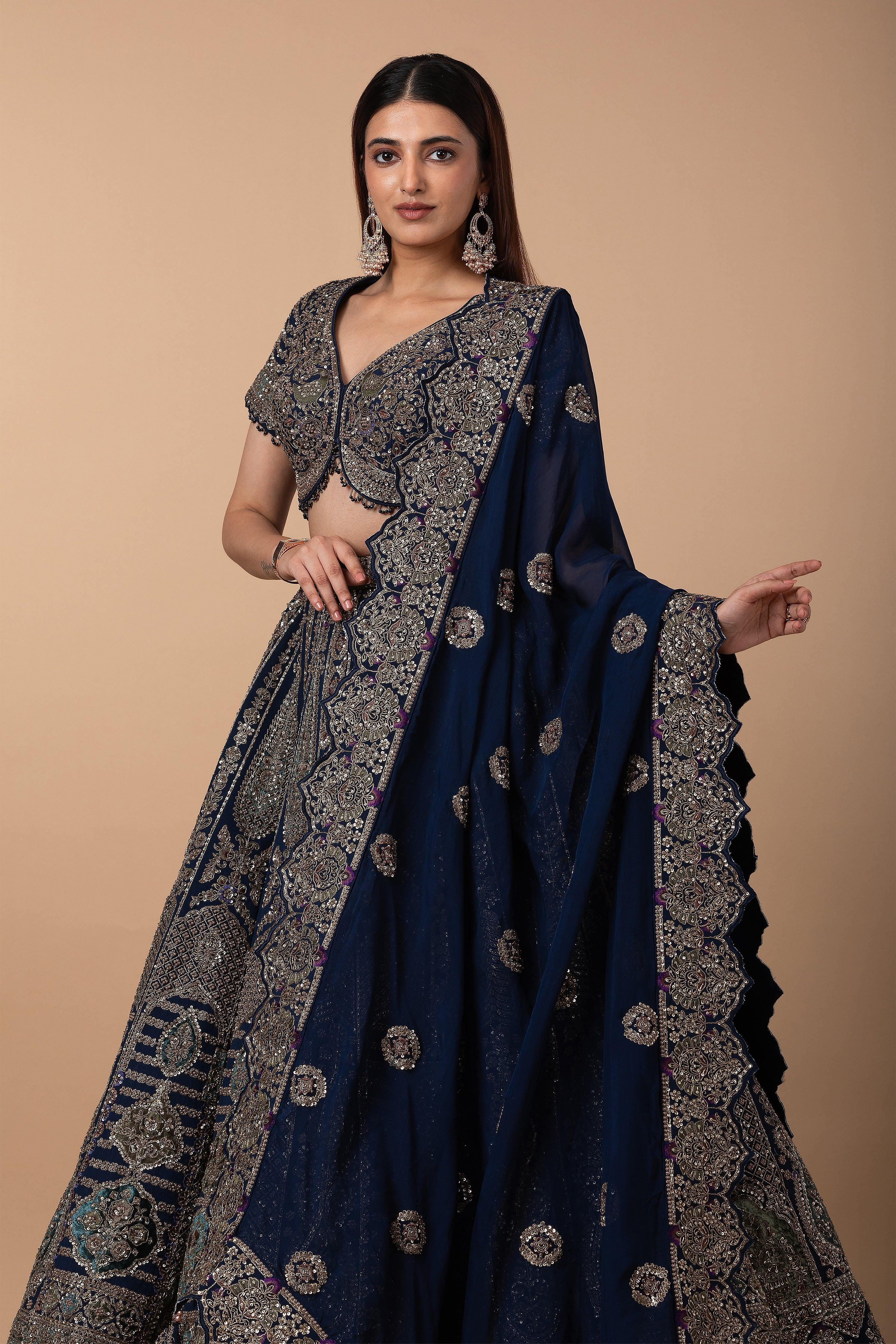 Midnight Blue Zardosi Embroidered Lehenga Set - Mokshaa