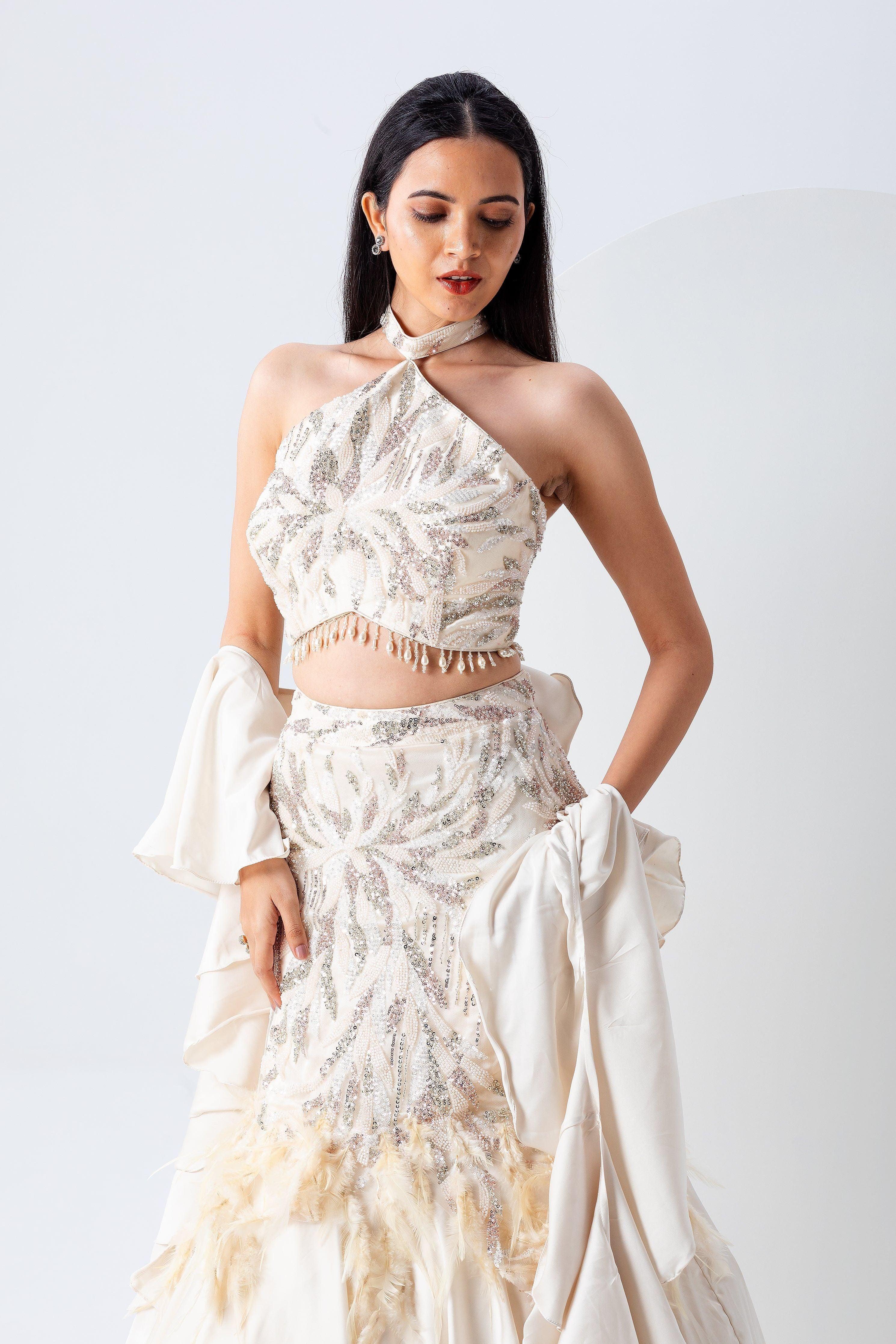 Ivory Feathered Skirt Set - Mokshaa