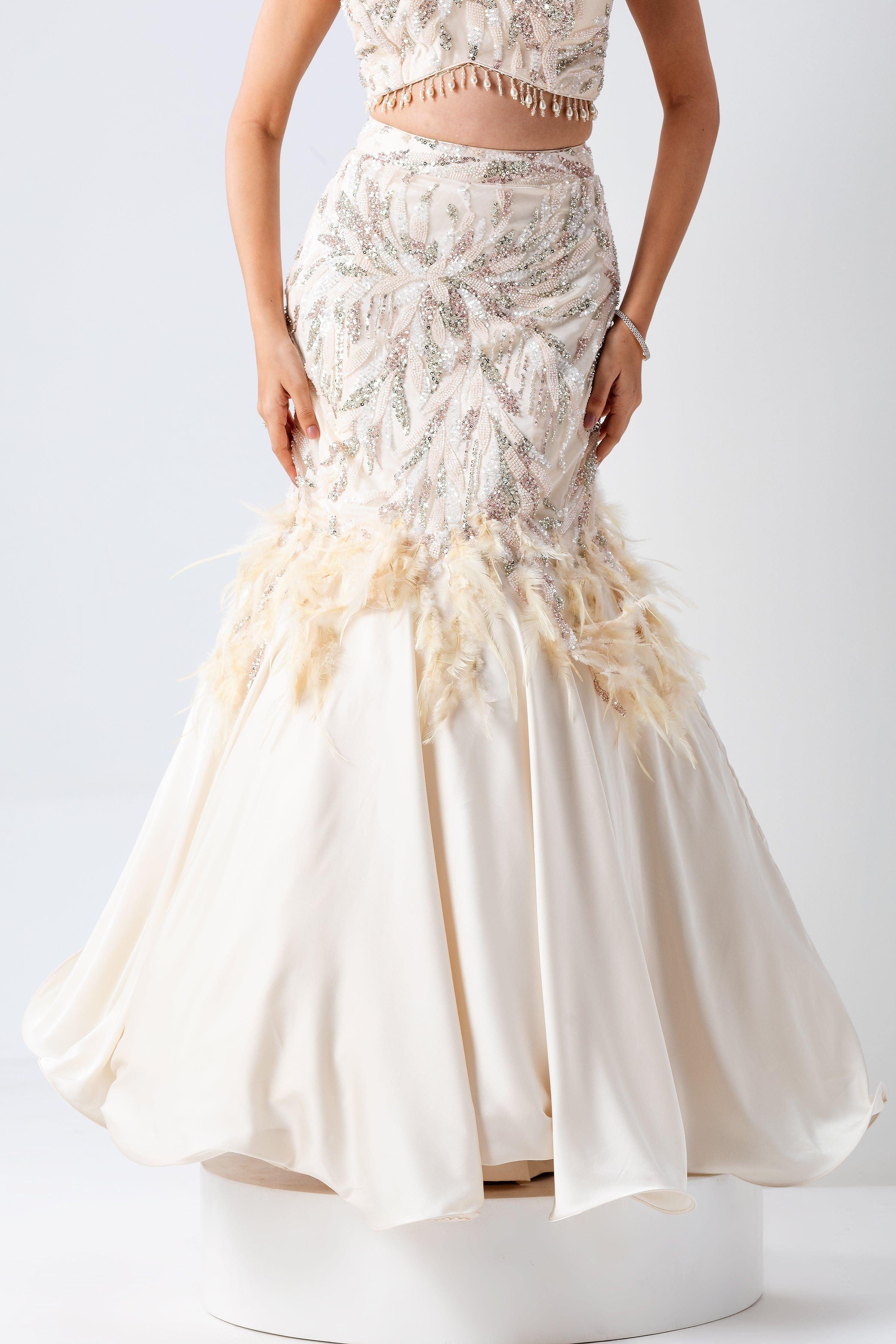 Ivory Feathered Skirt Set - Mokshaa