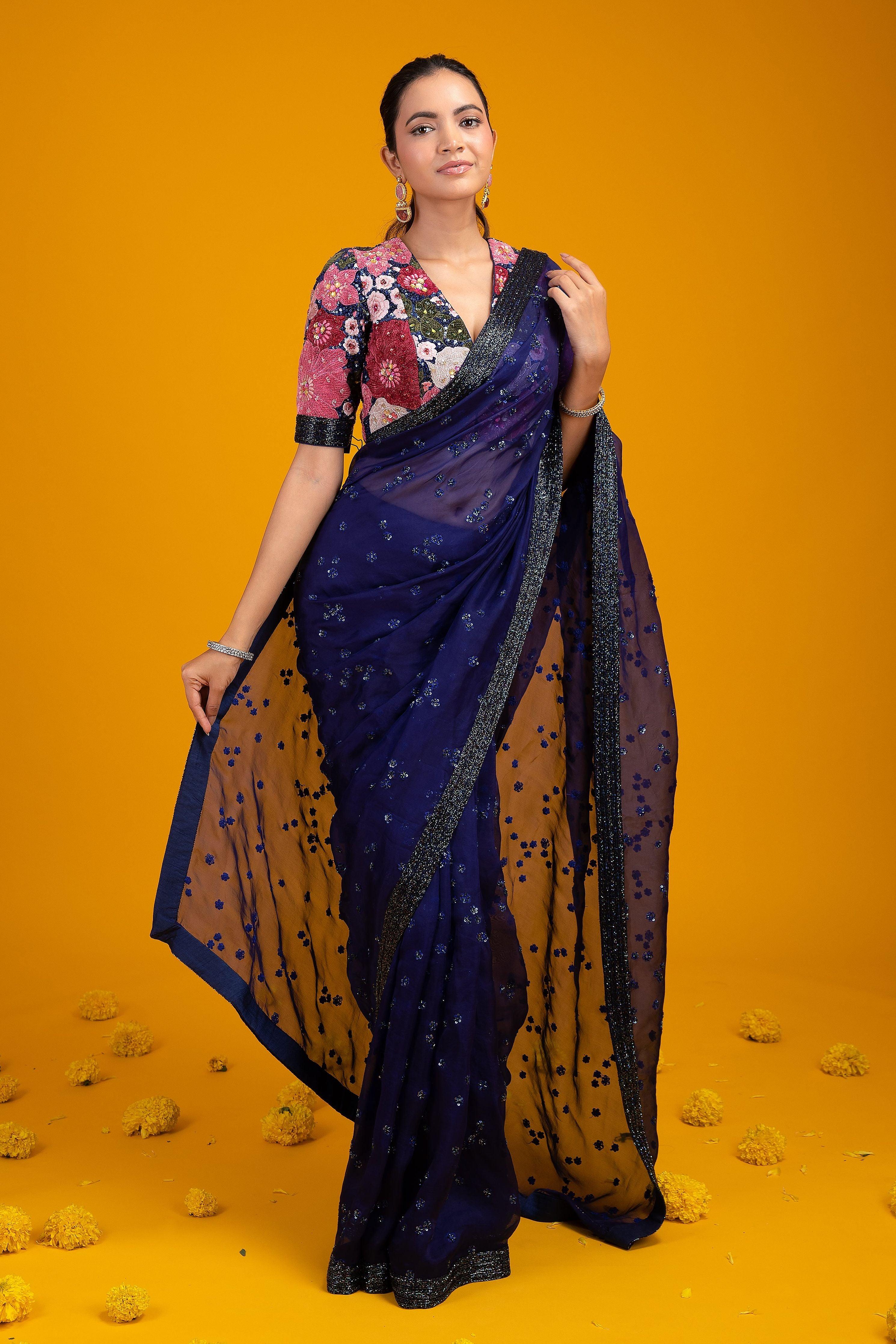Navy Blue Sequined Organza Saree - Mokshaa