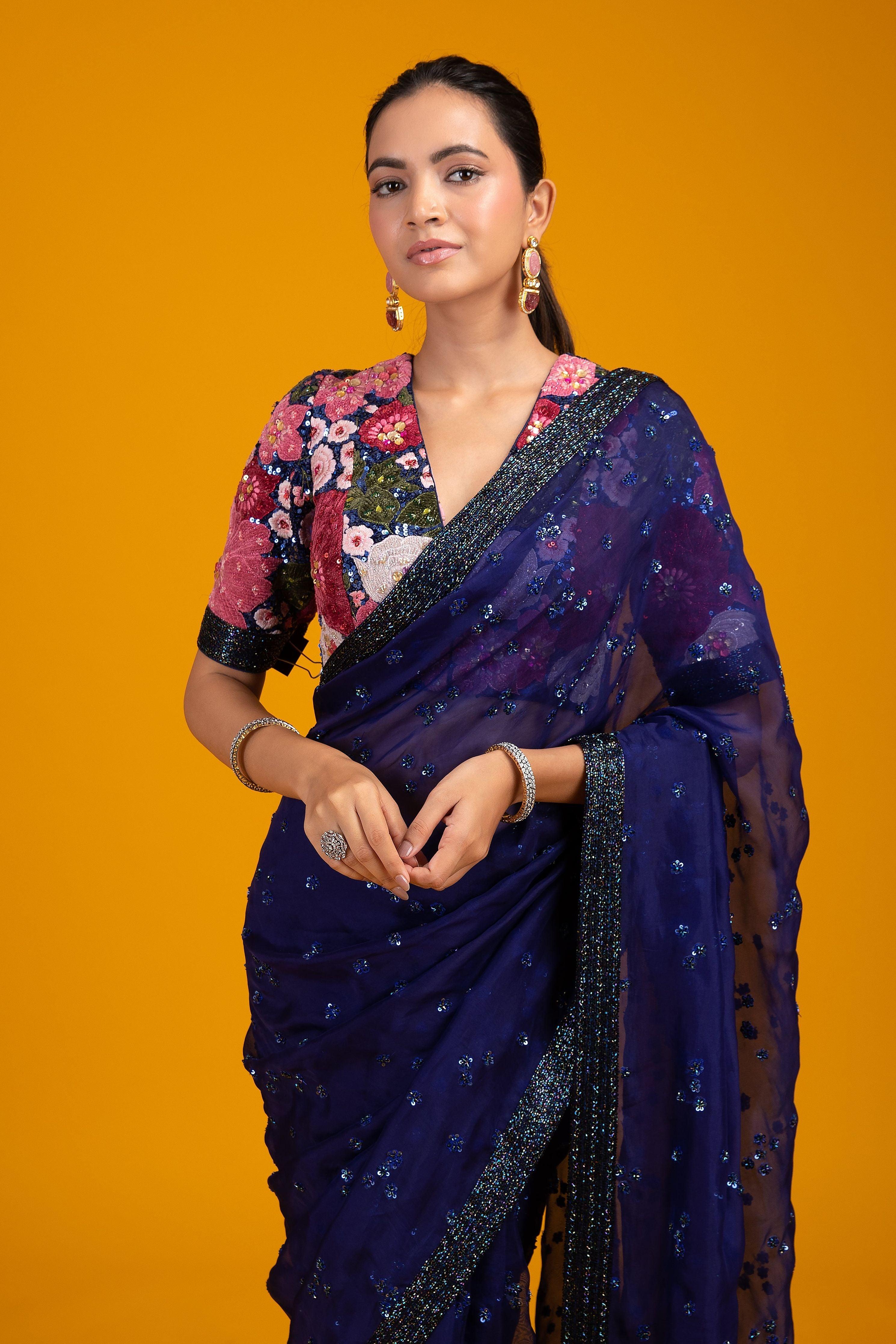 Navy Blue Sequined Organza Saree - Mokshaa
