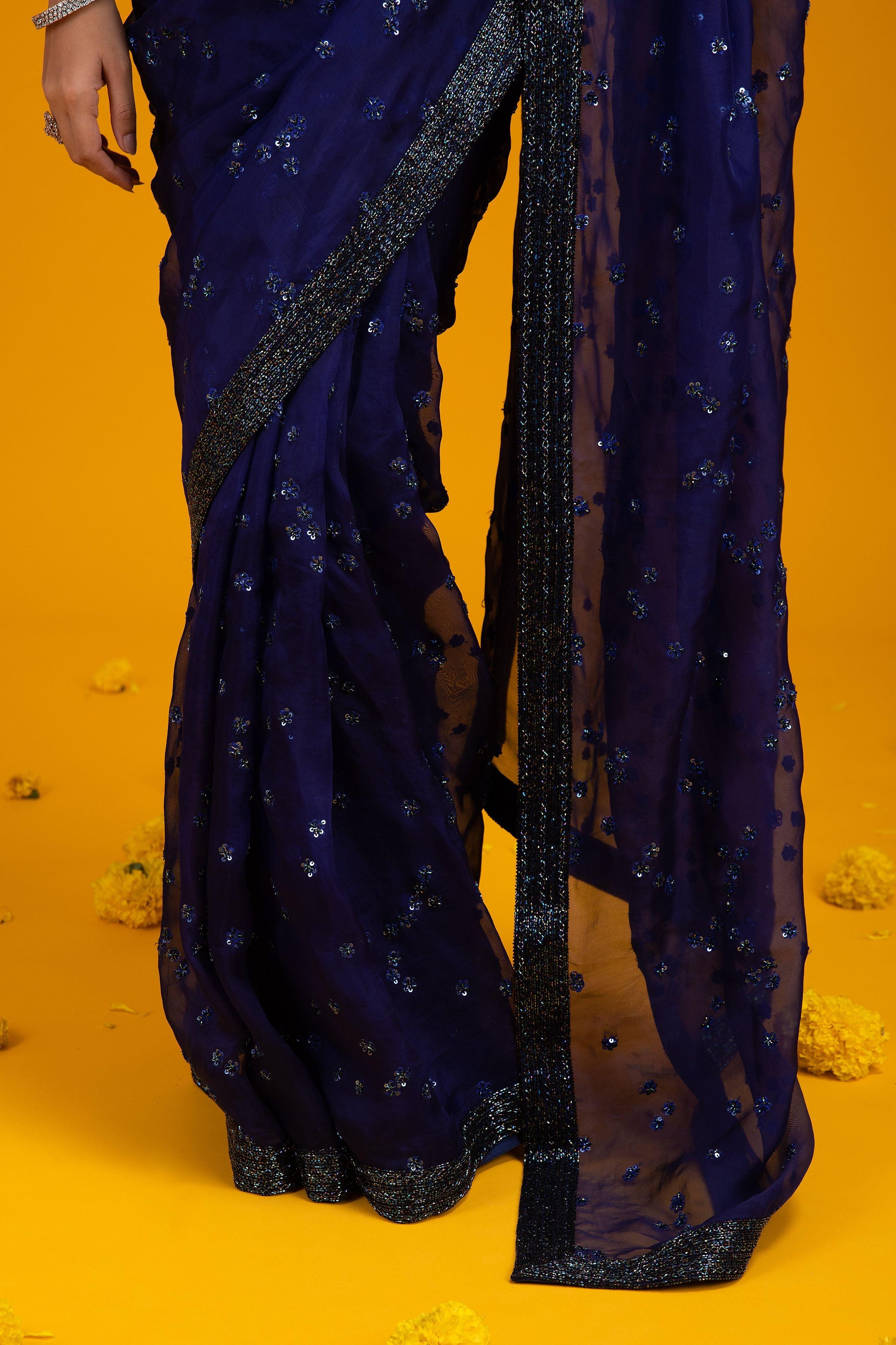 Navy Blue Sequined Organza Saree - Mokshaa