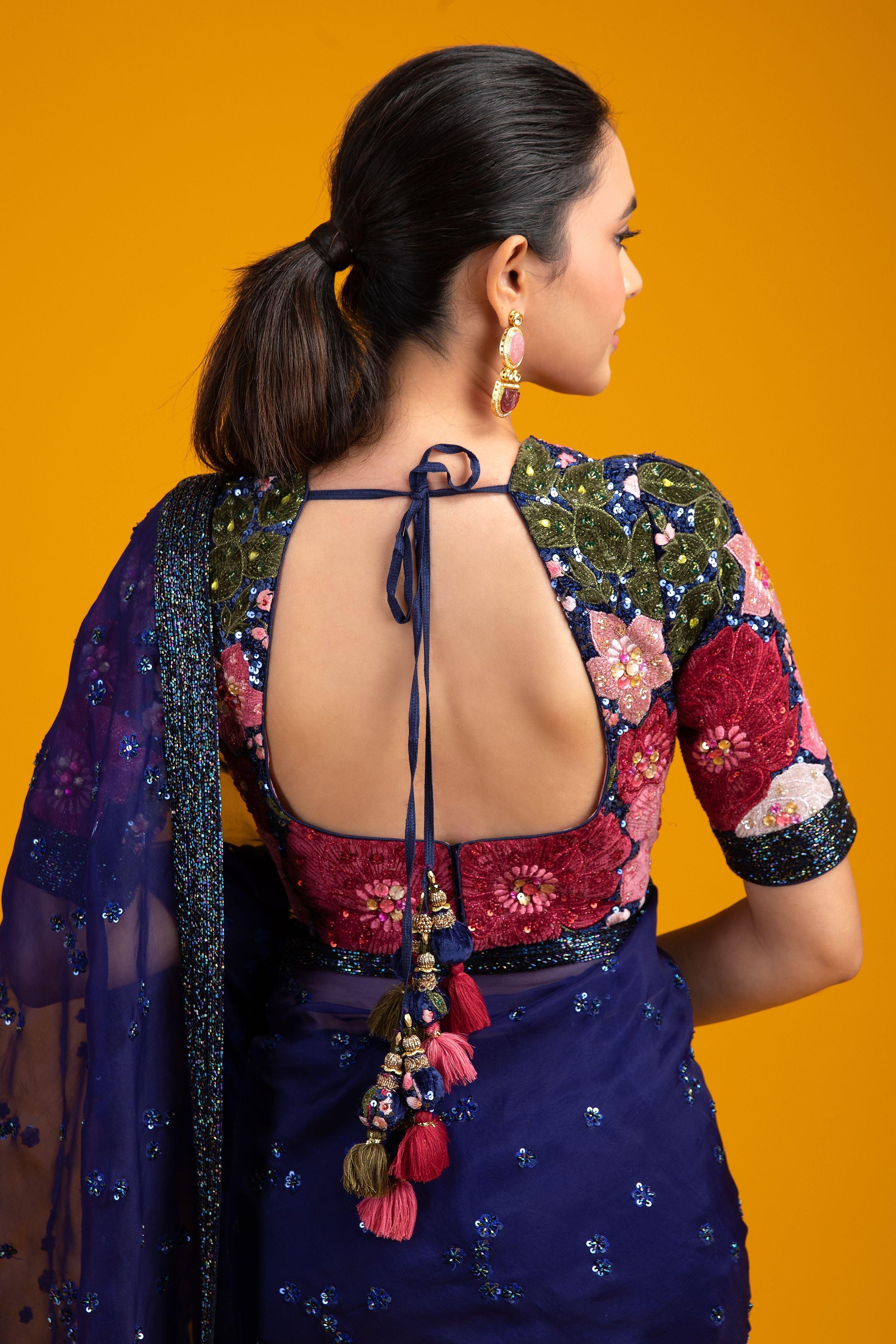Navy Blue Sequined Organza Saree - Mokshaa