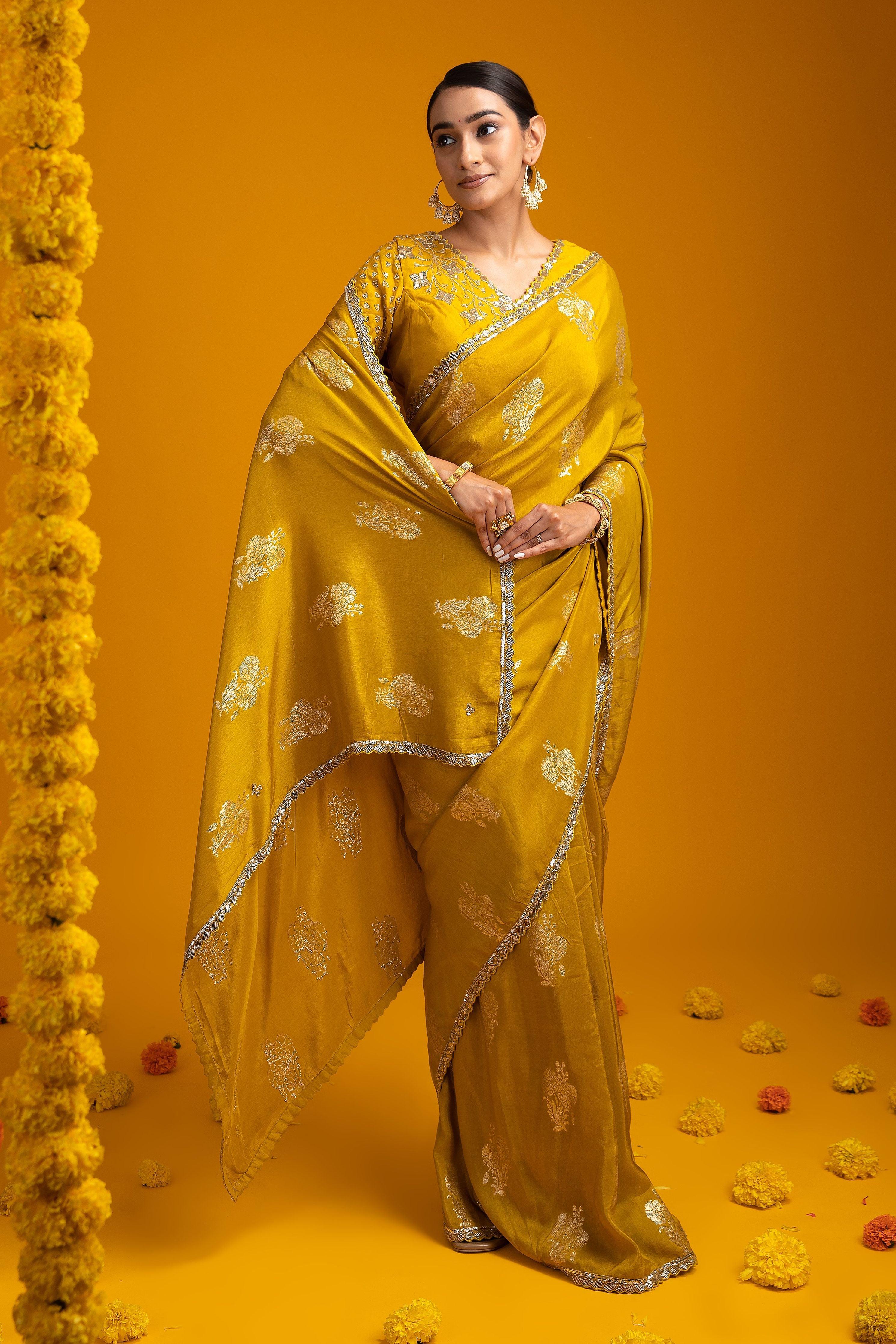 Mustard Yellow Georgette Saree with Zari Work - Mokshaa