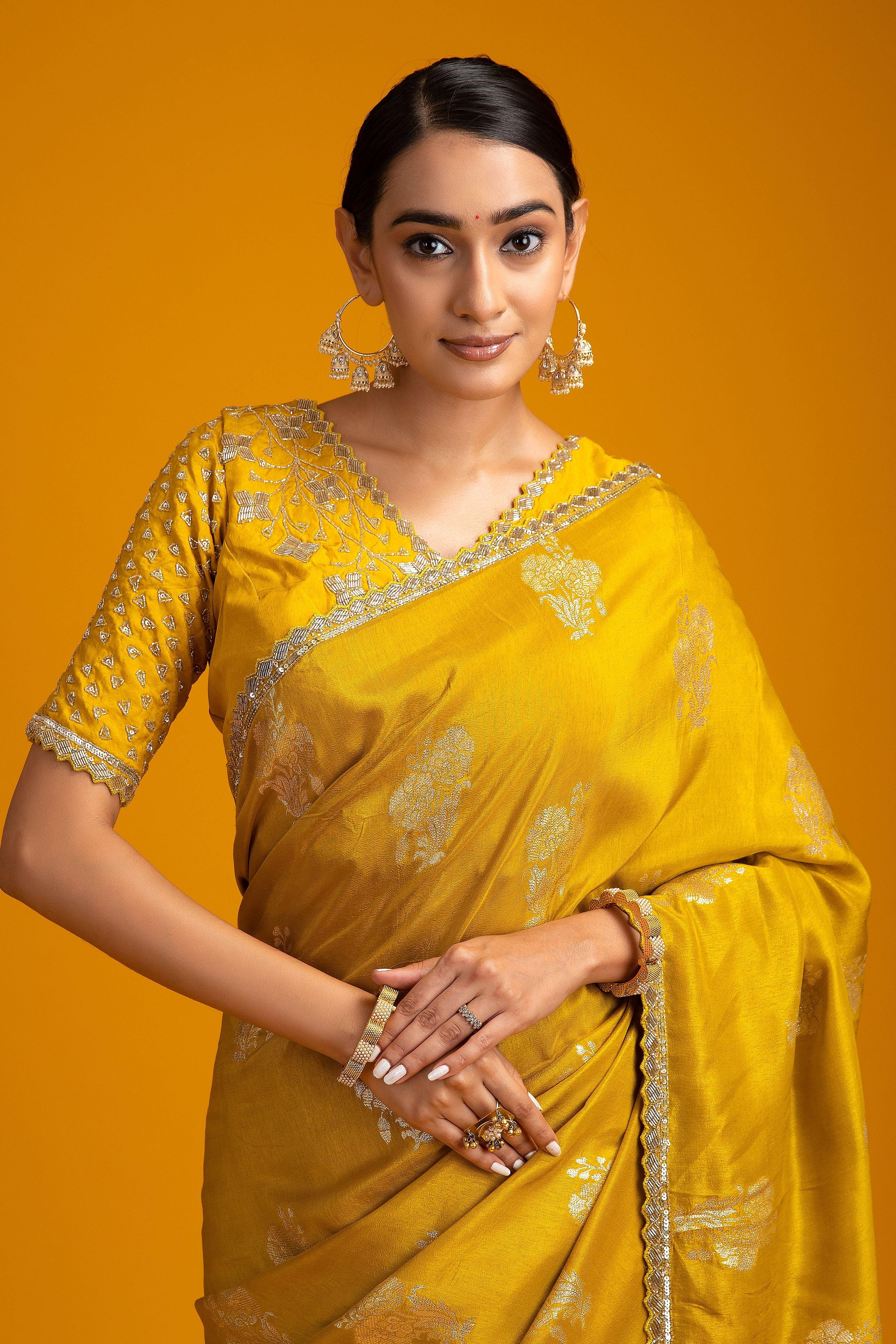 Mustard Yellow Georgette Saree with Zari Work - Mokshaa