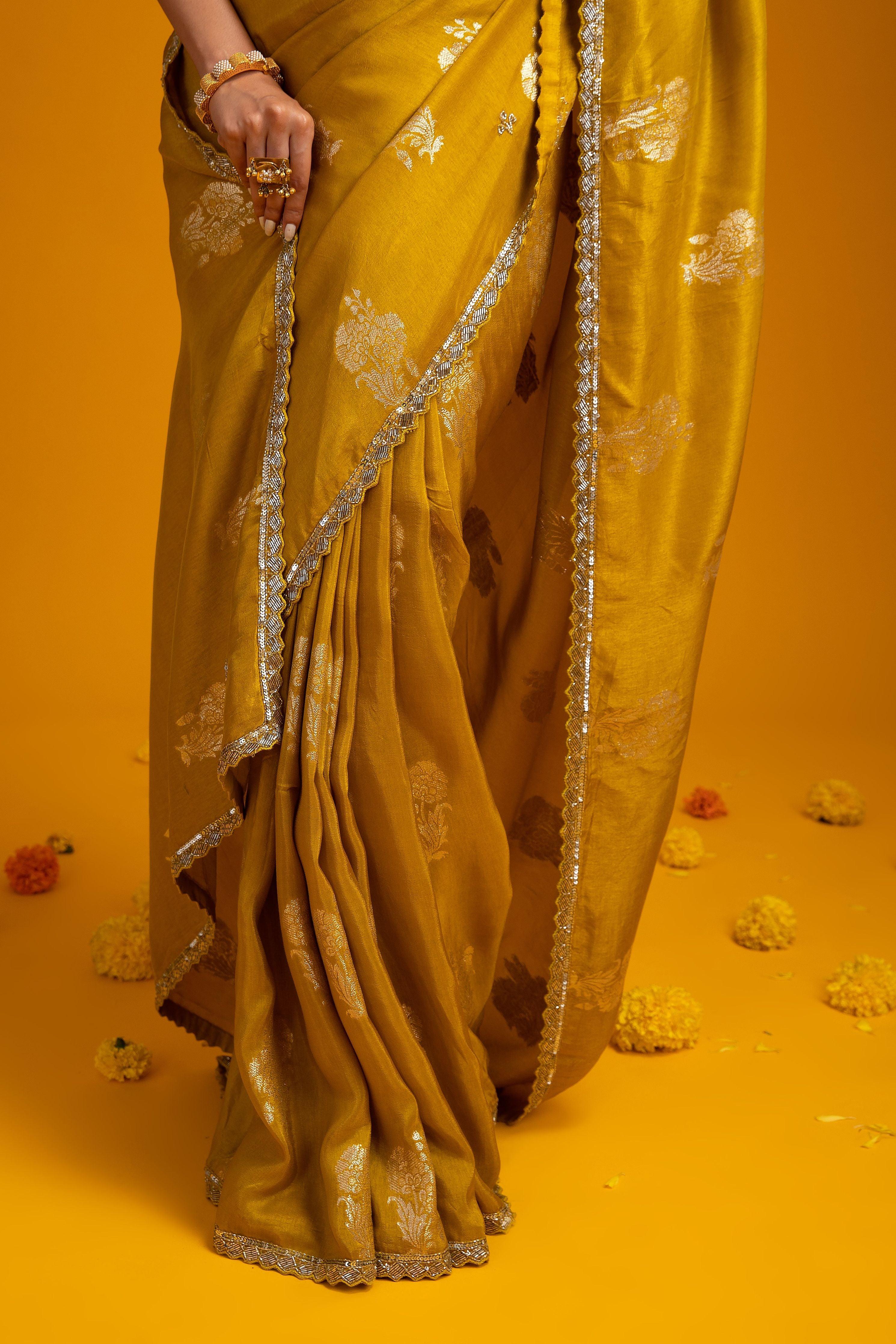 Mustard Yellow Georgette Saree with Zari Work - Mokshaa