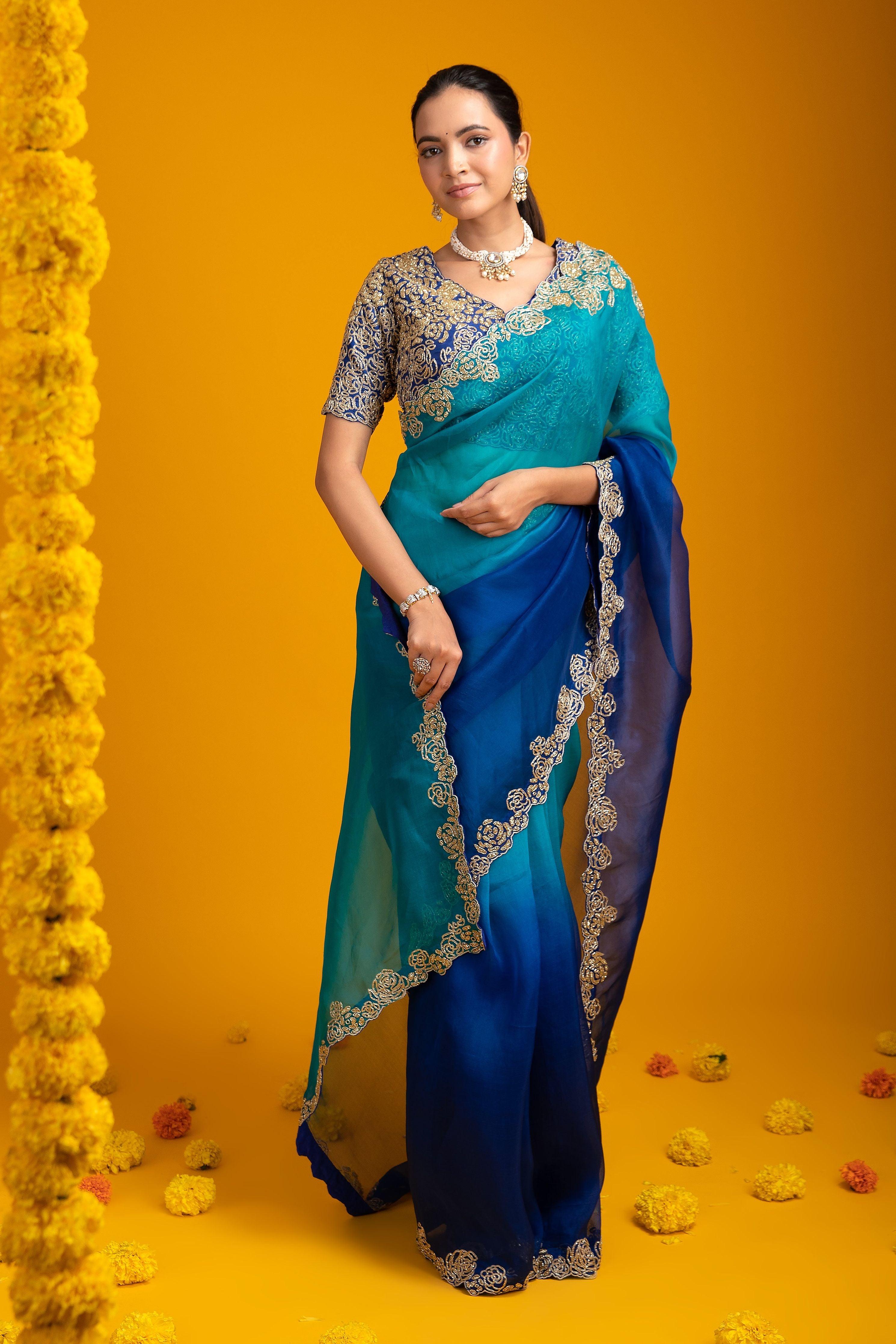 Ombre Blue Organza Saree - Mokshaa