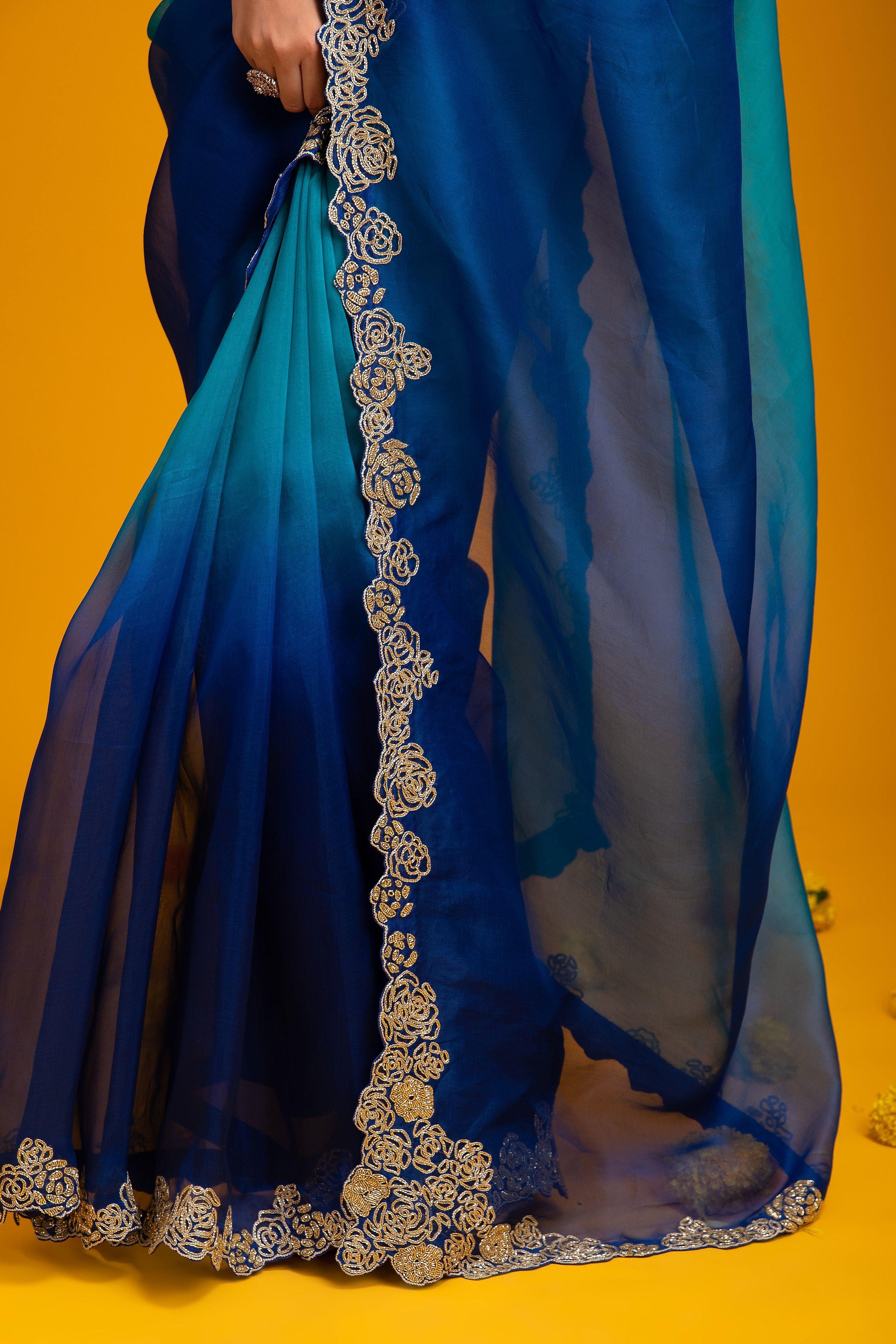 Ombre Blue Organza Saree - Mokshaa