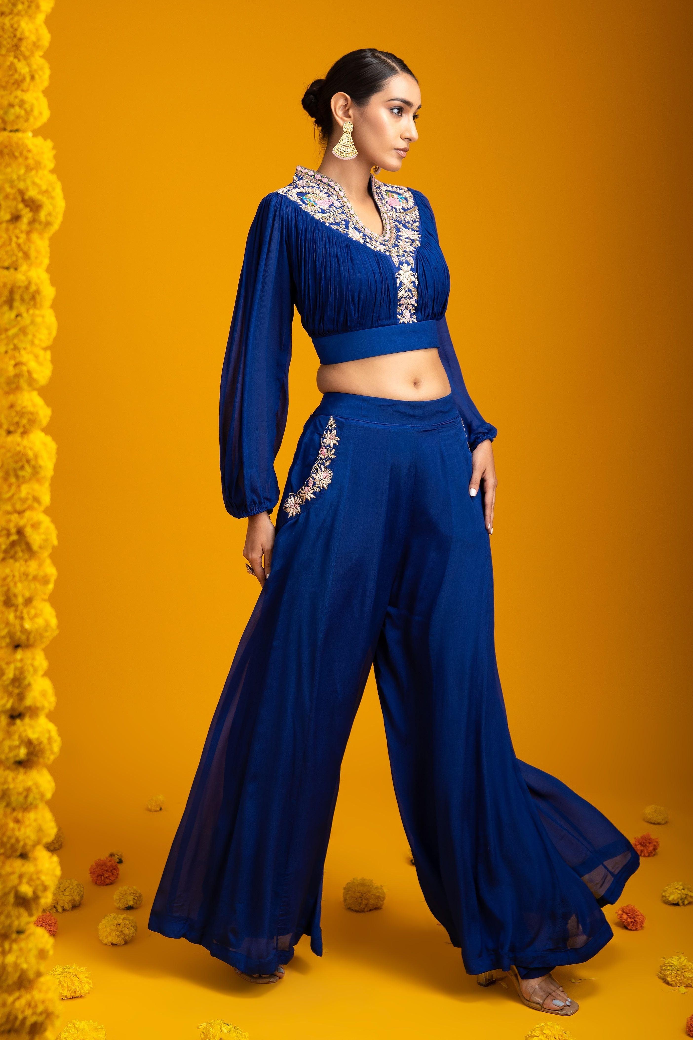 Navy Blue Crop Top And Palazzo Set | Mokshaa