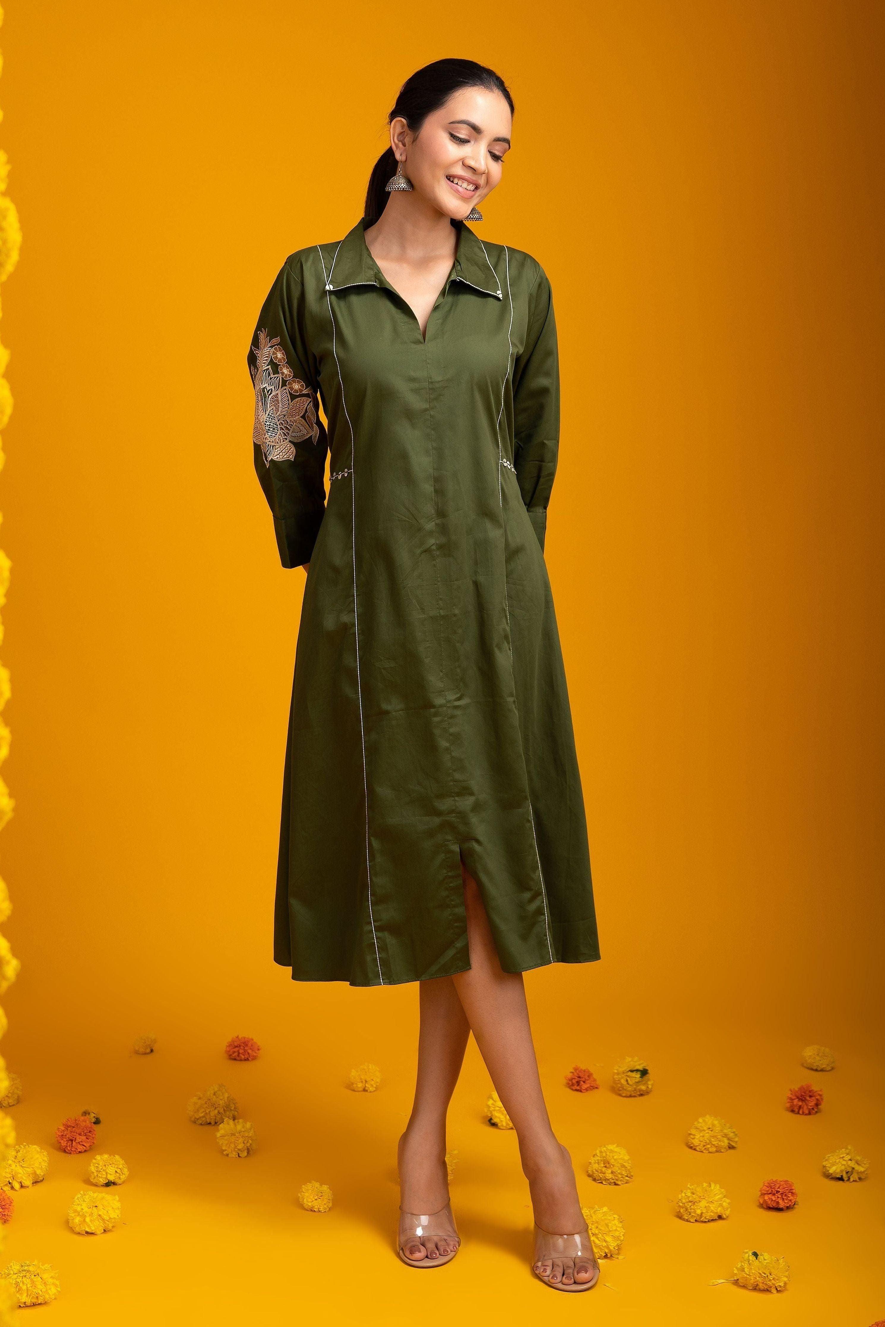 Green Chanderi Silk Dress - Mokshaa
