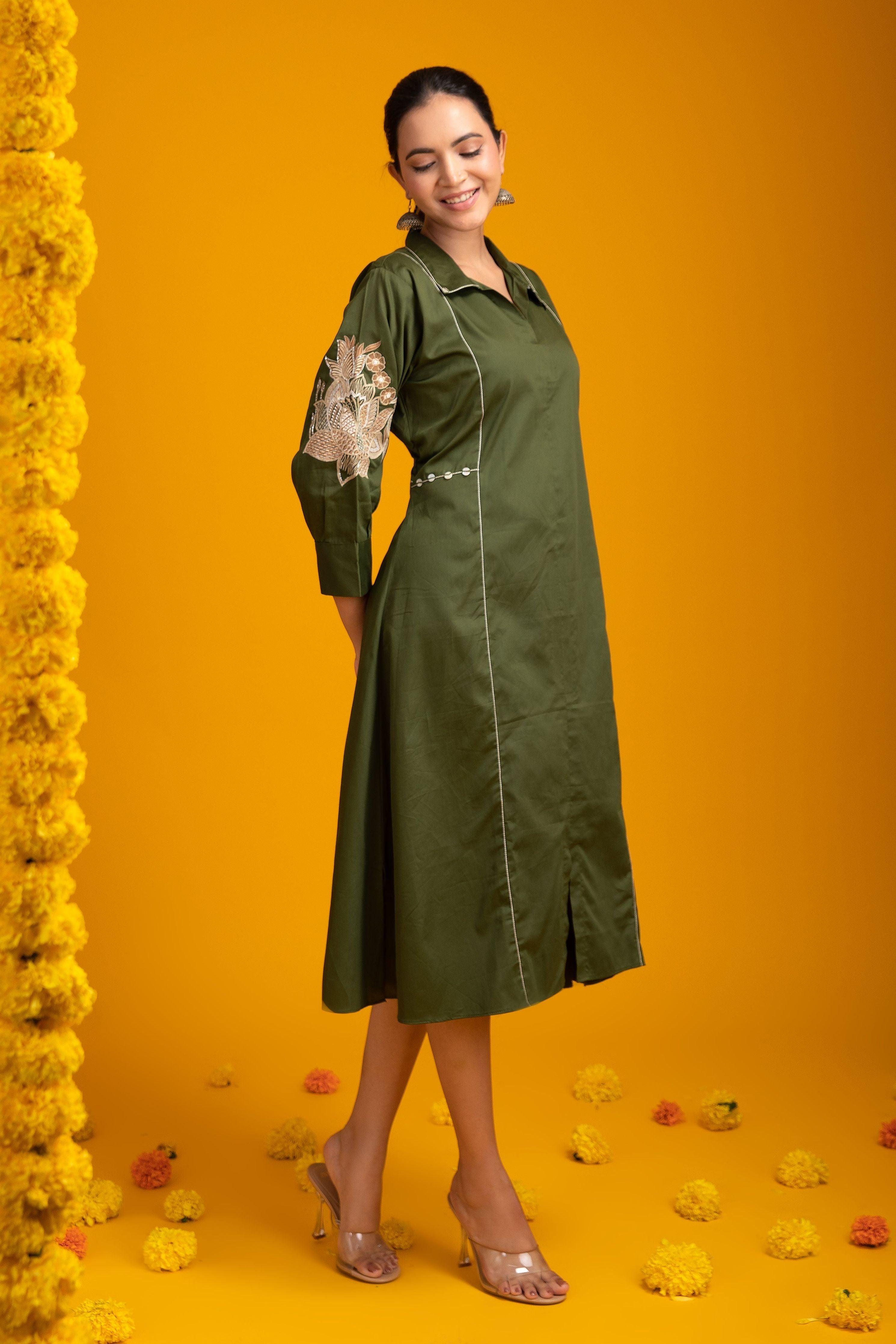 Green Chanderi Silk Dress - Mokshaa