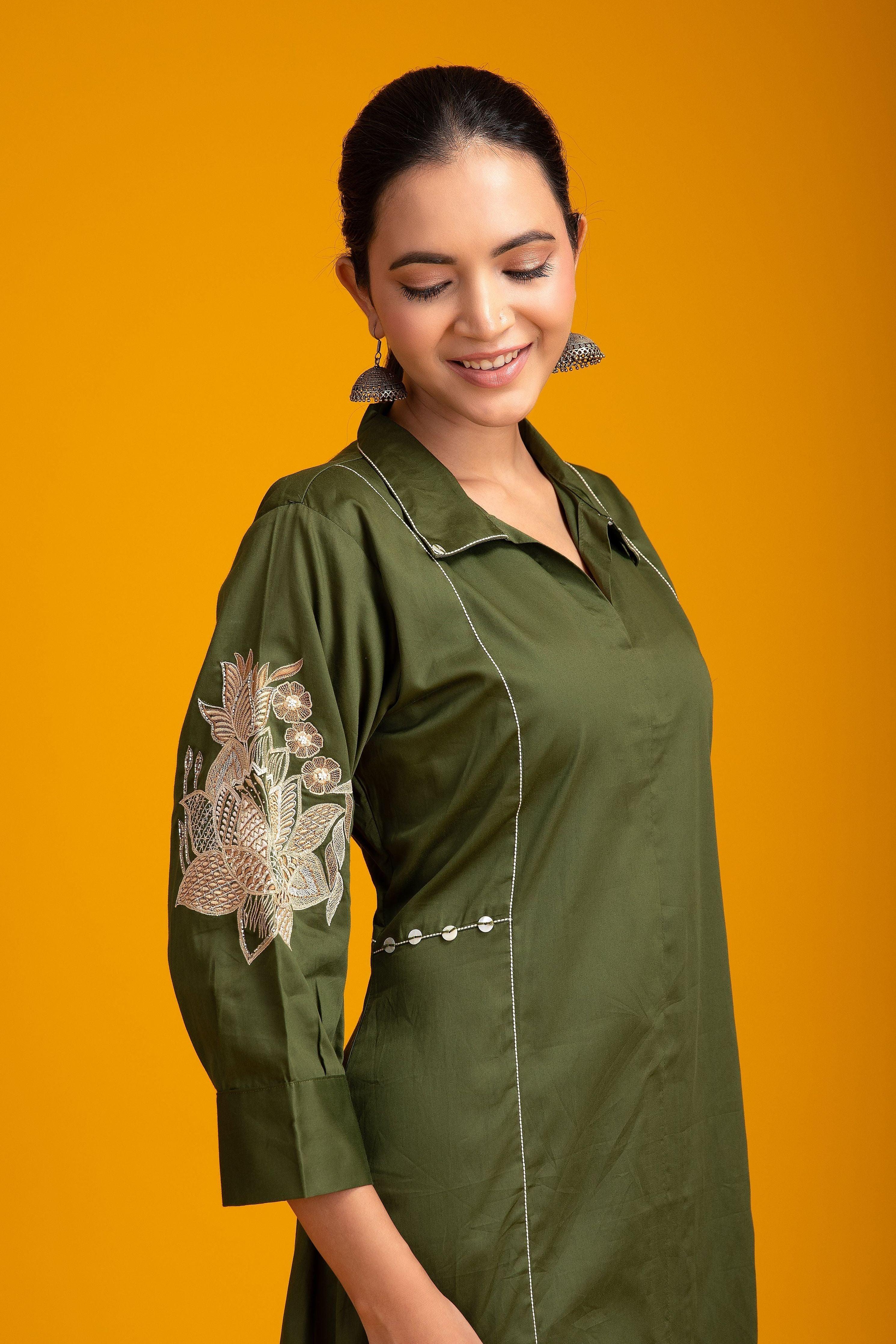 Green Chanderi Silk Dress - Mokshaa