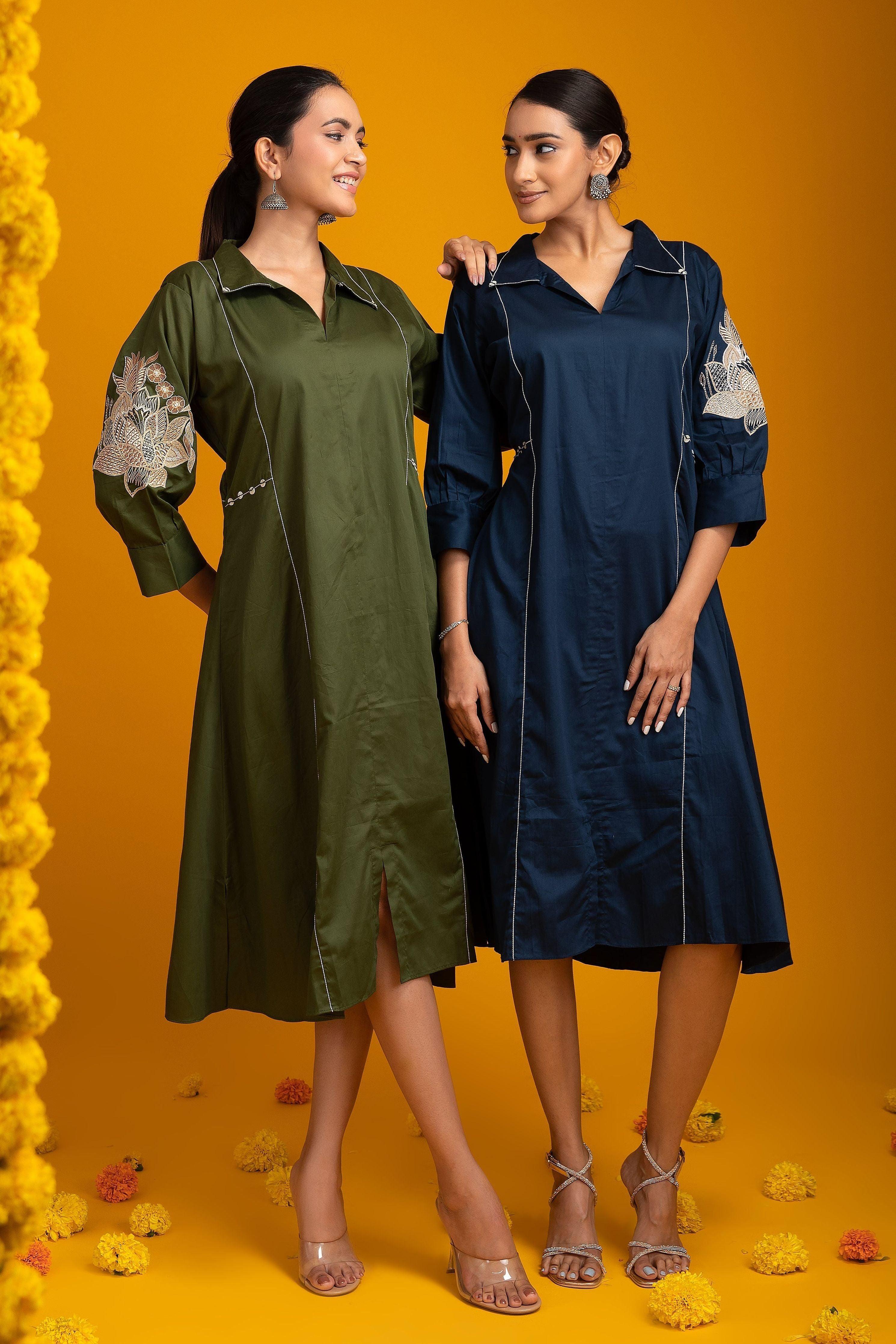 Blue Chanderi Silk Dress - Mokshaa
