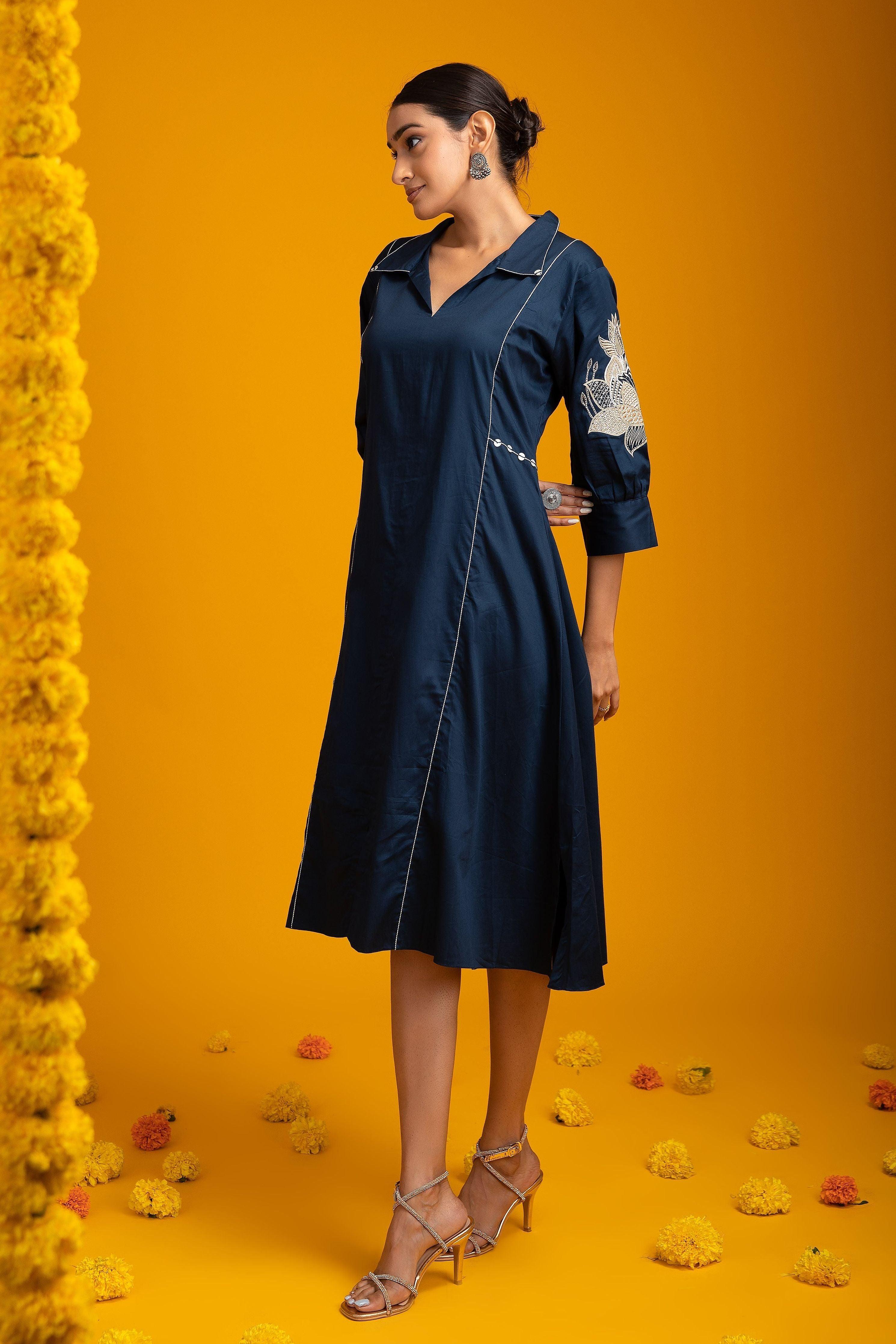 Blue Chanderi Silk Dress - Mokshaa
