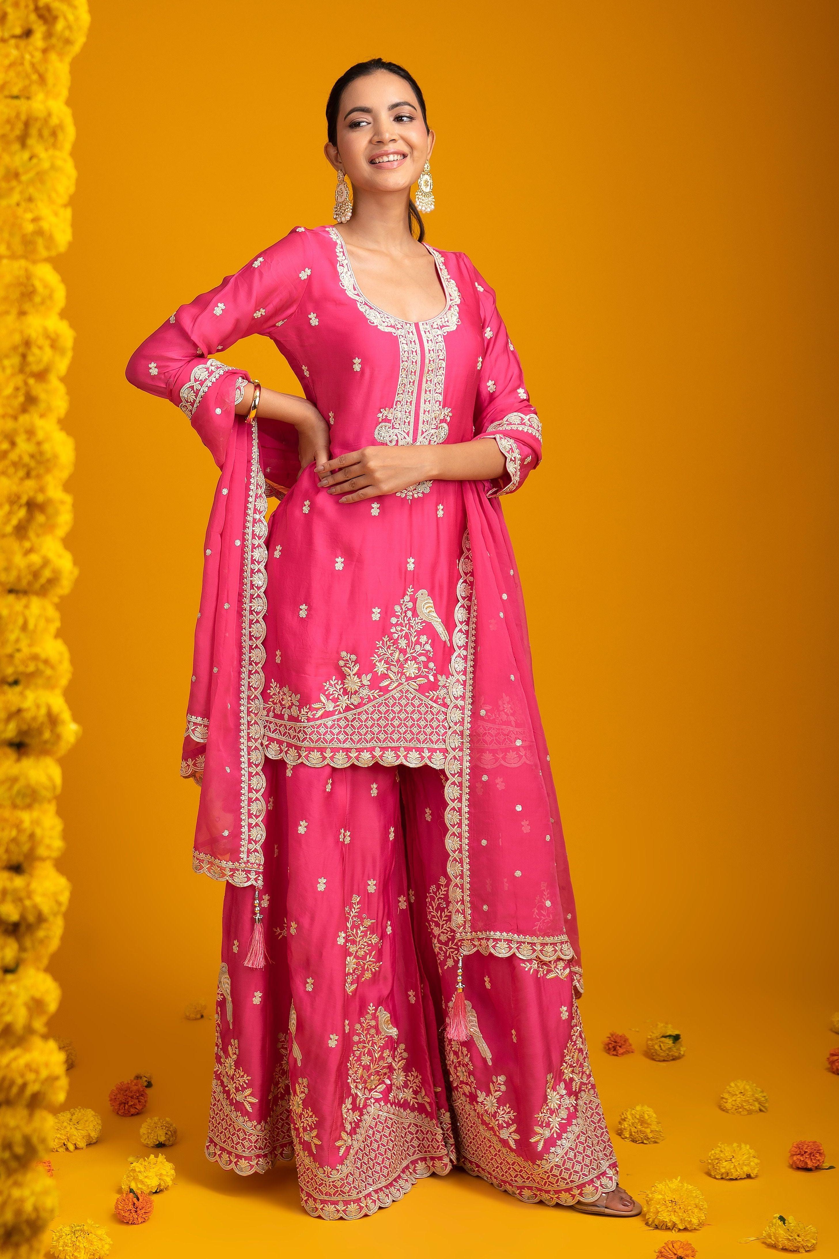 Fuchsia Pink Organza Sharara - Mokshaa