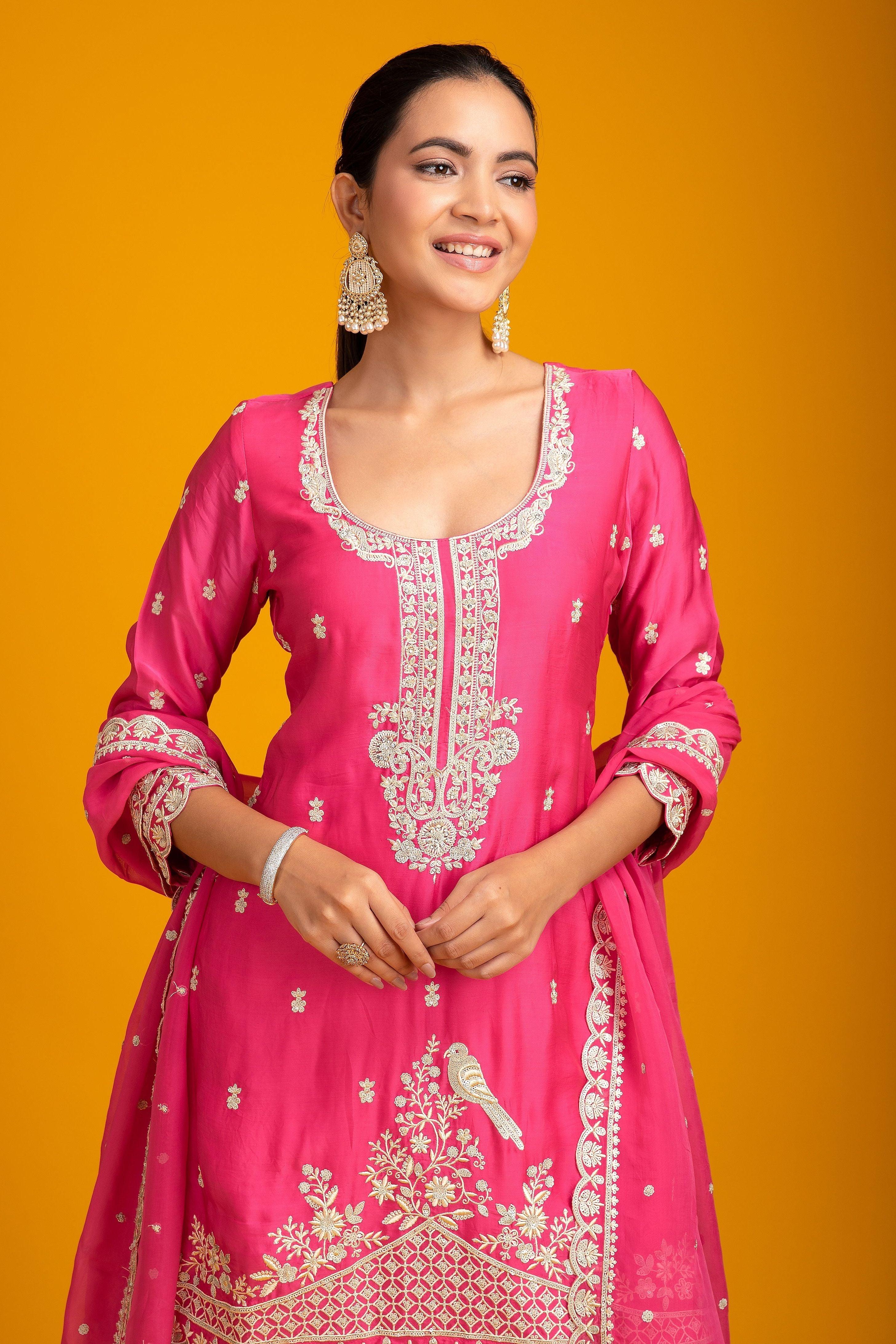 Fuchsia Pink Organza Sharara - Mokshaa