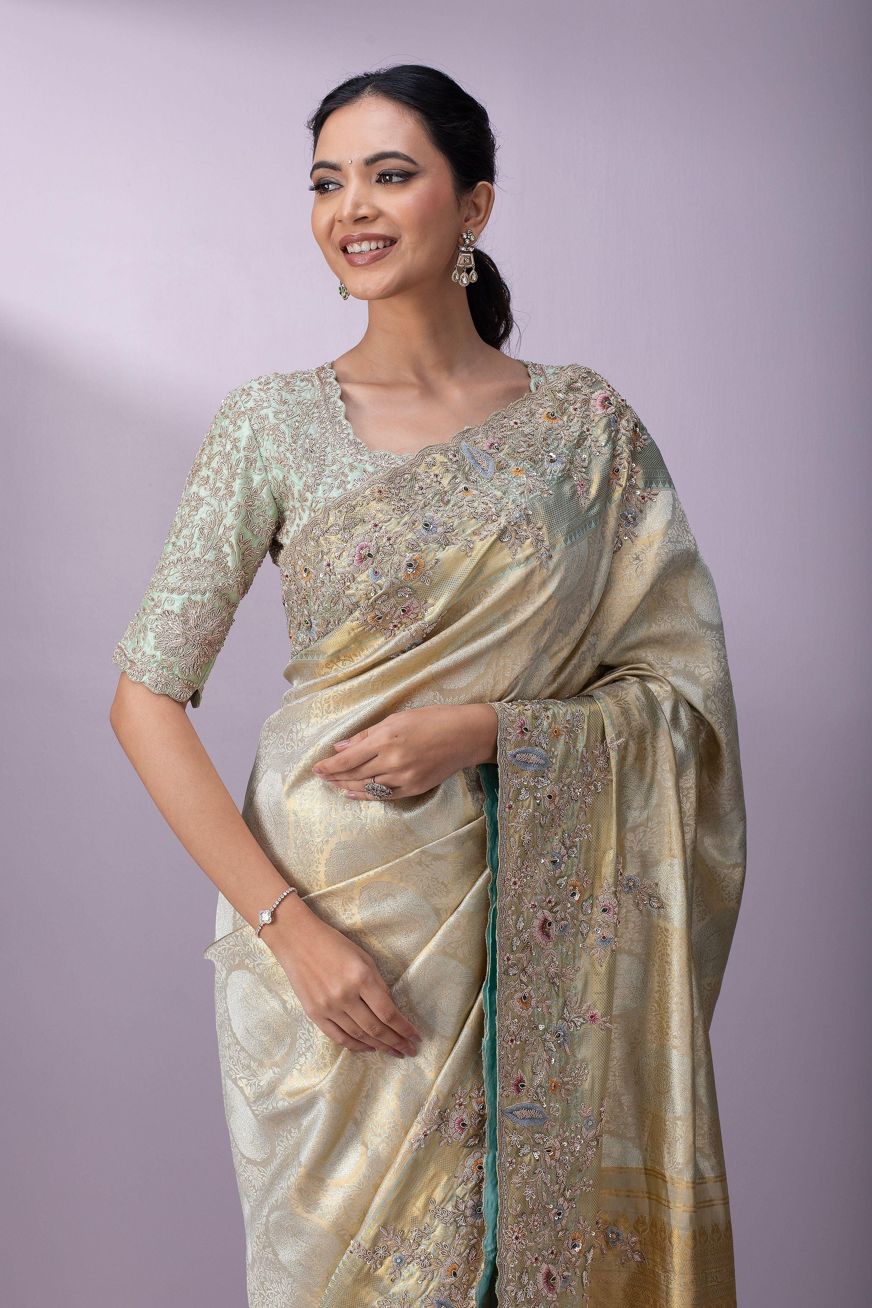 Sage Gold Kanchipuram Tissue Silk Saree - Mokshaa