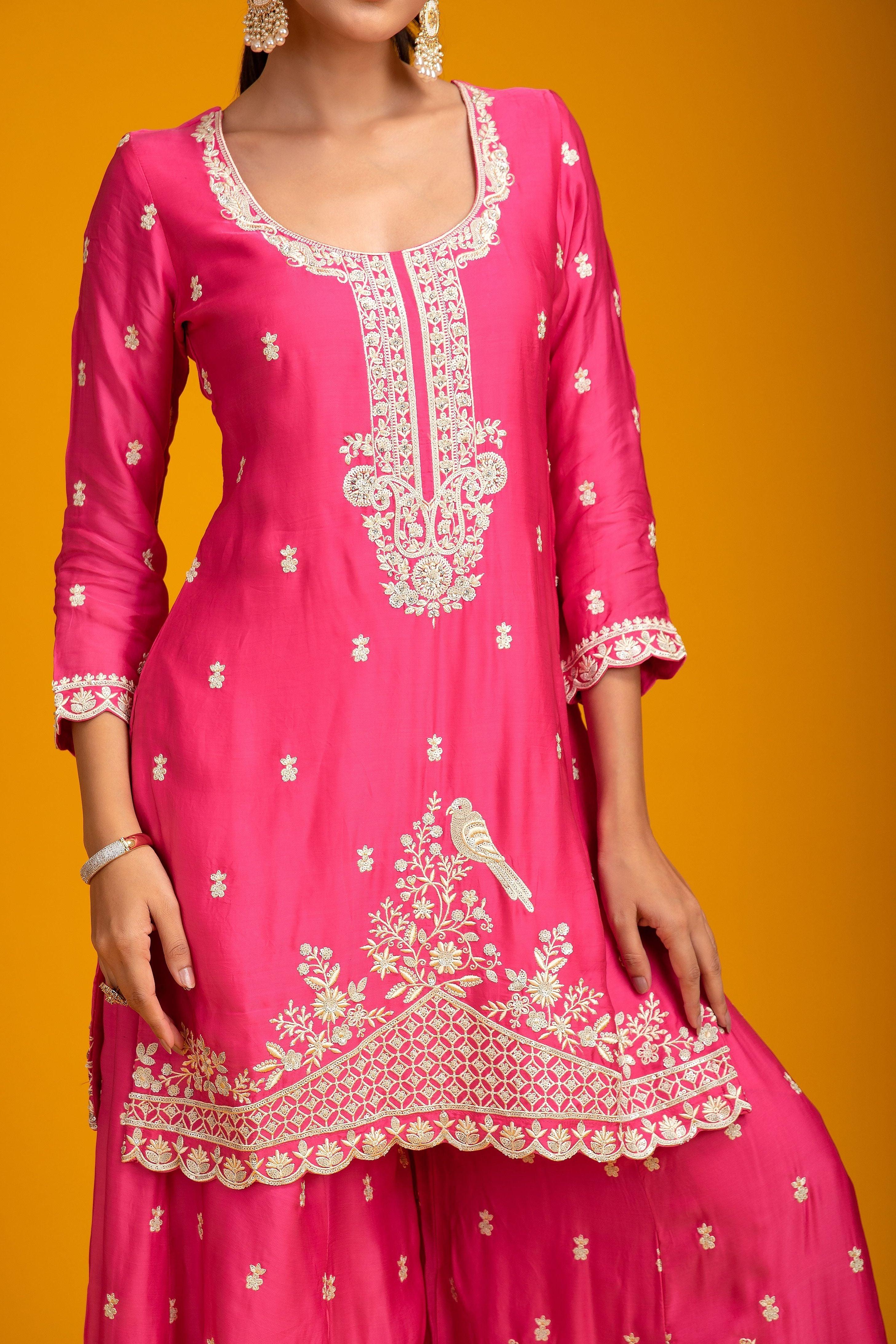 Fuchsia Pink Organza Sharara - Mokshaa