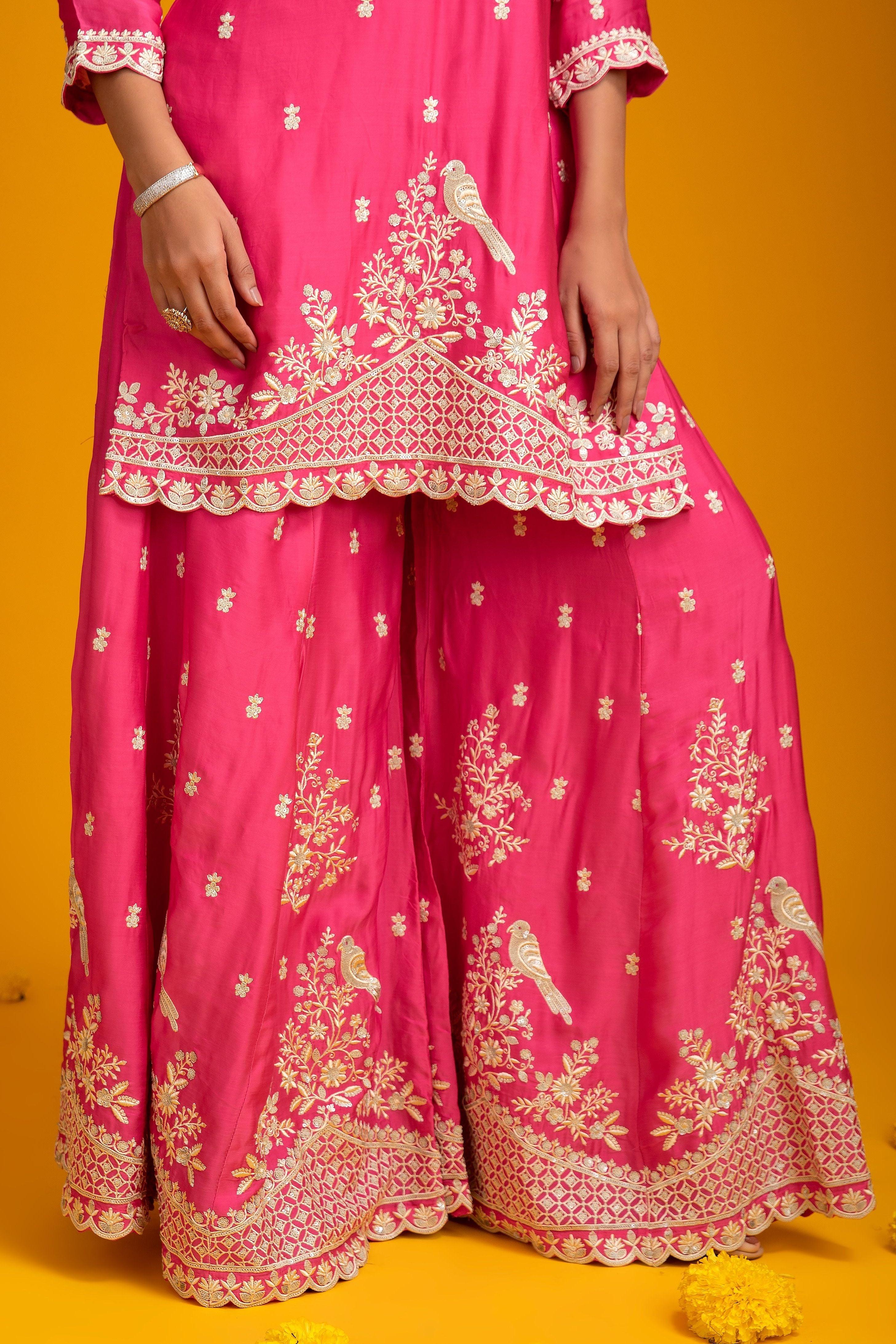 Fuchsia Pink Organza Sharara - Mokshaa