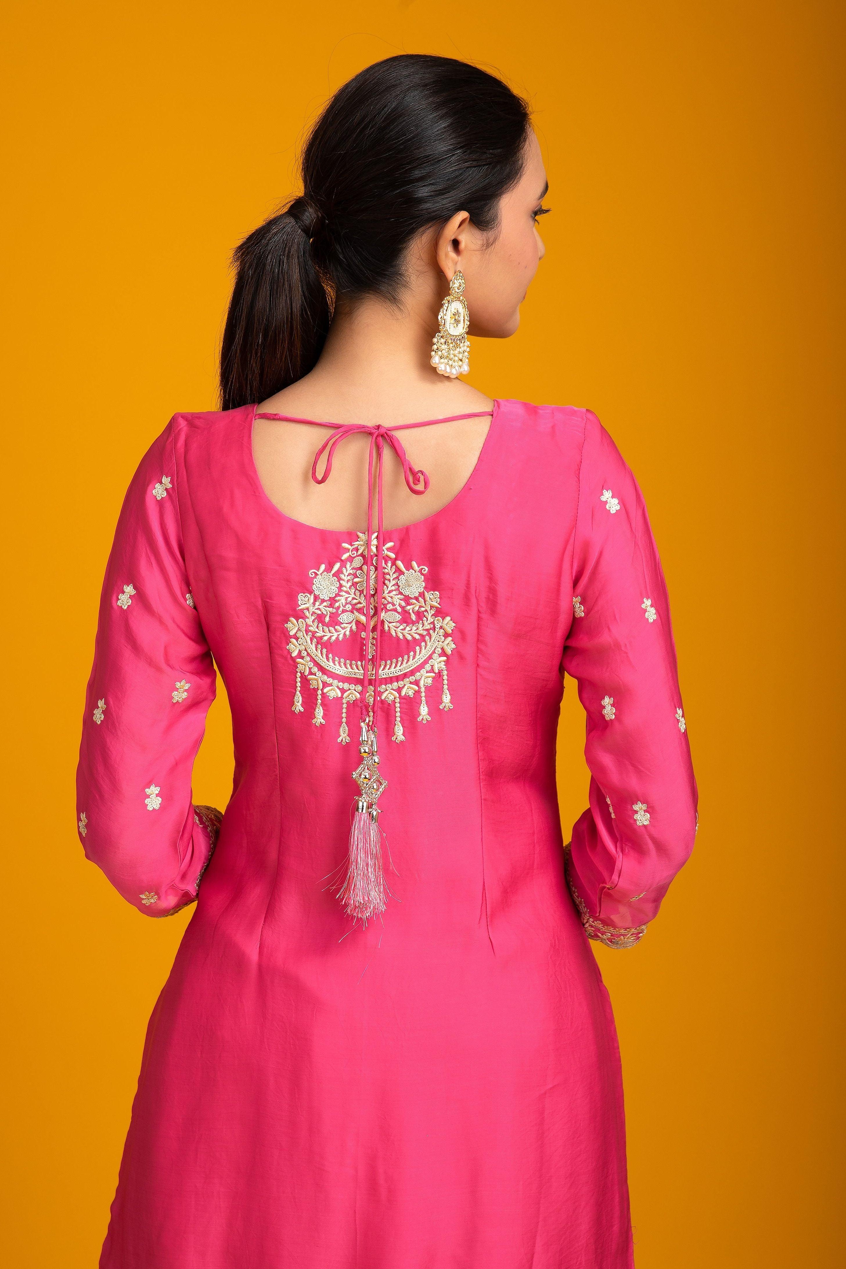 Fuchsia Pink Organza Sharara - Mokshaa