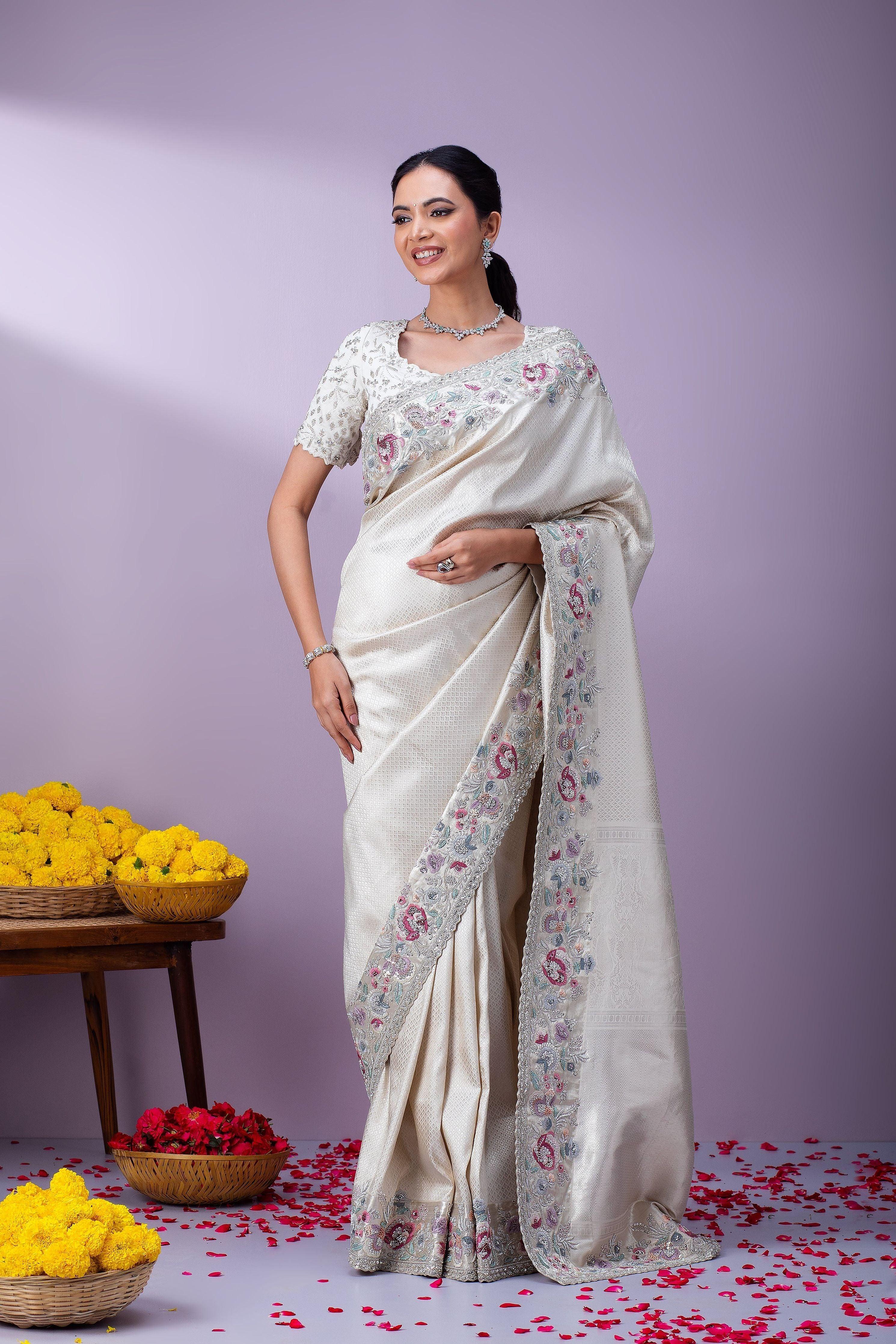 Off-White Kanchipuram Silk Saree - Mokshaa