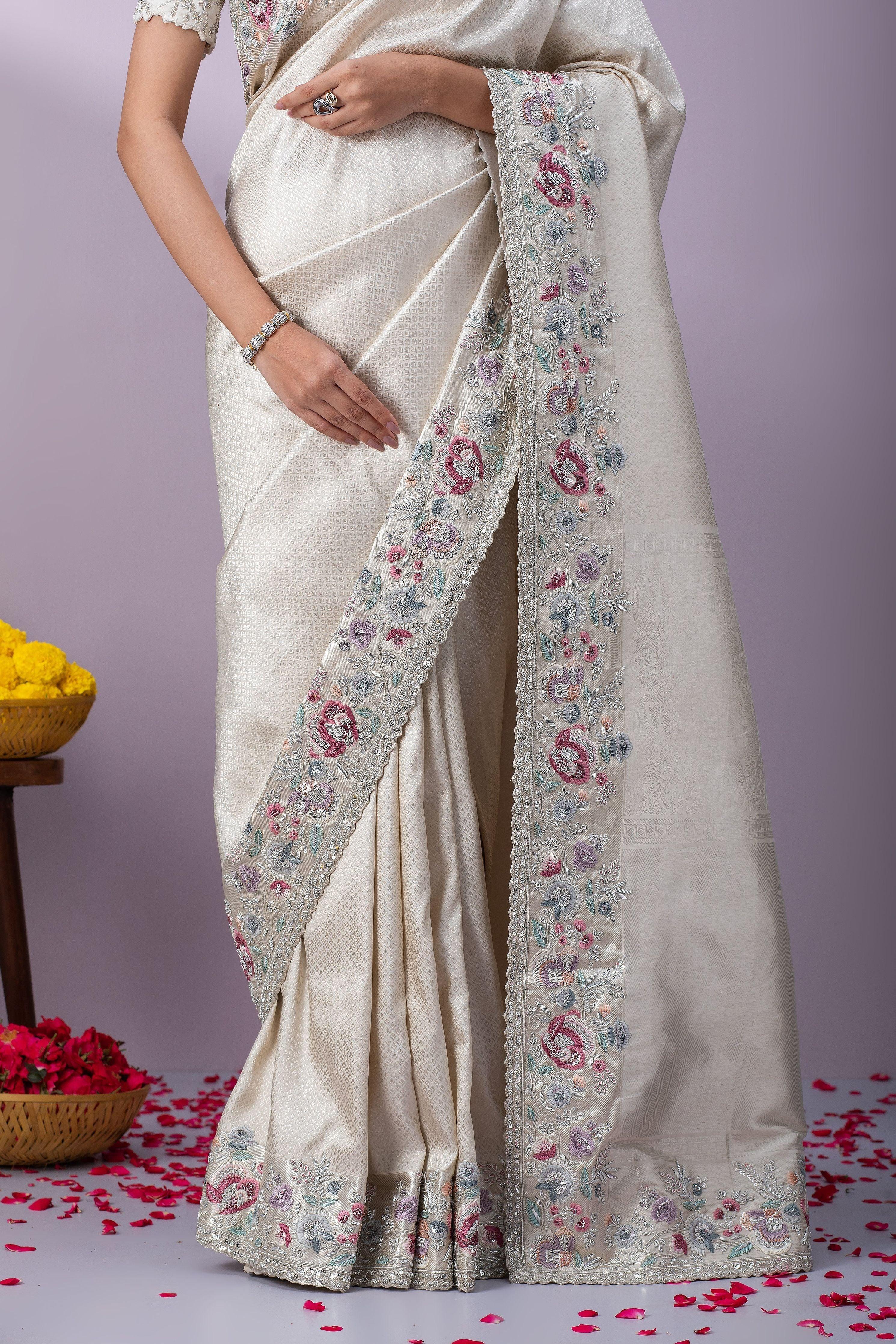 Off-White Kanchipuram Silk Saree - Mokshaa