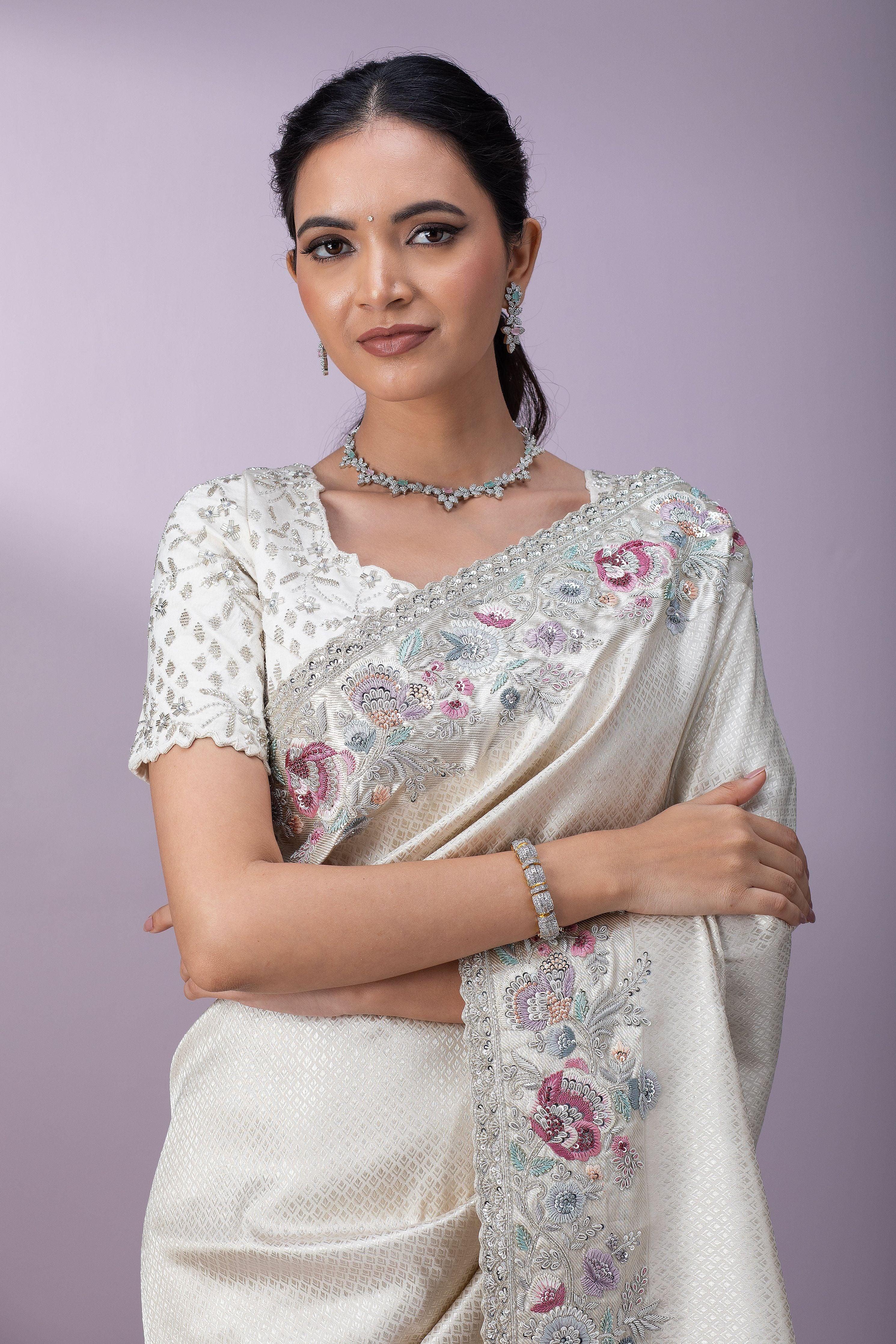 Off-White Kanchipuram Silk Saree - Mokshaa