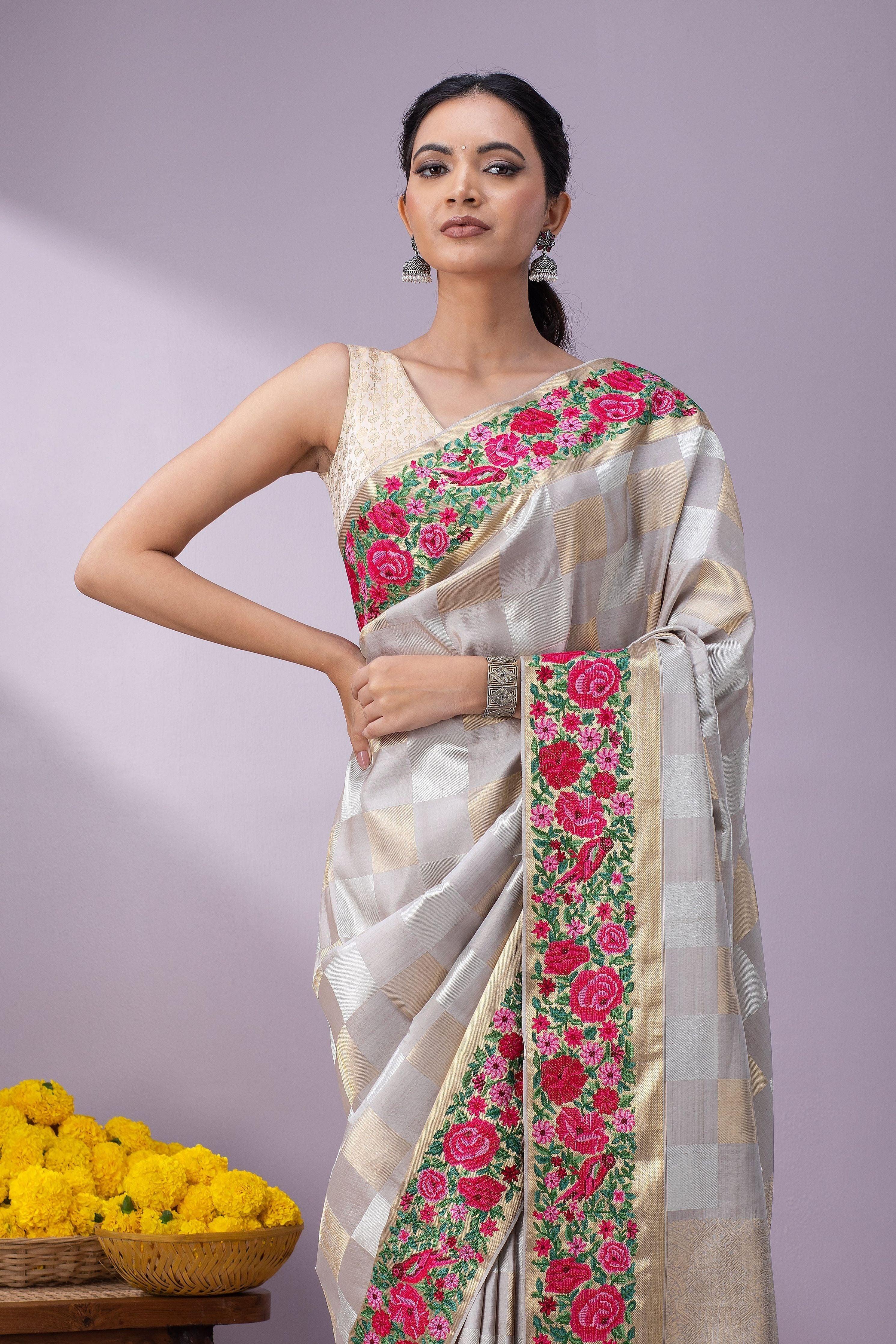 Light Grey Kanchipuram Silk Saree - Mokshaa
