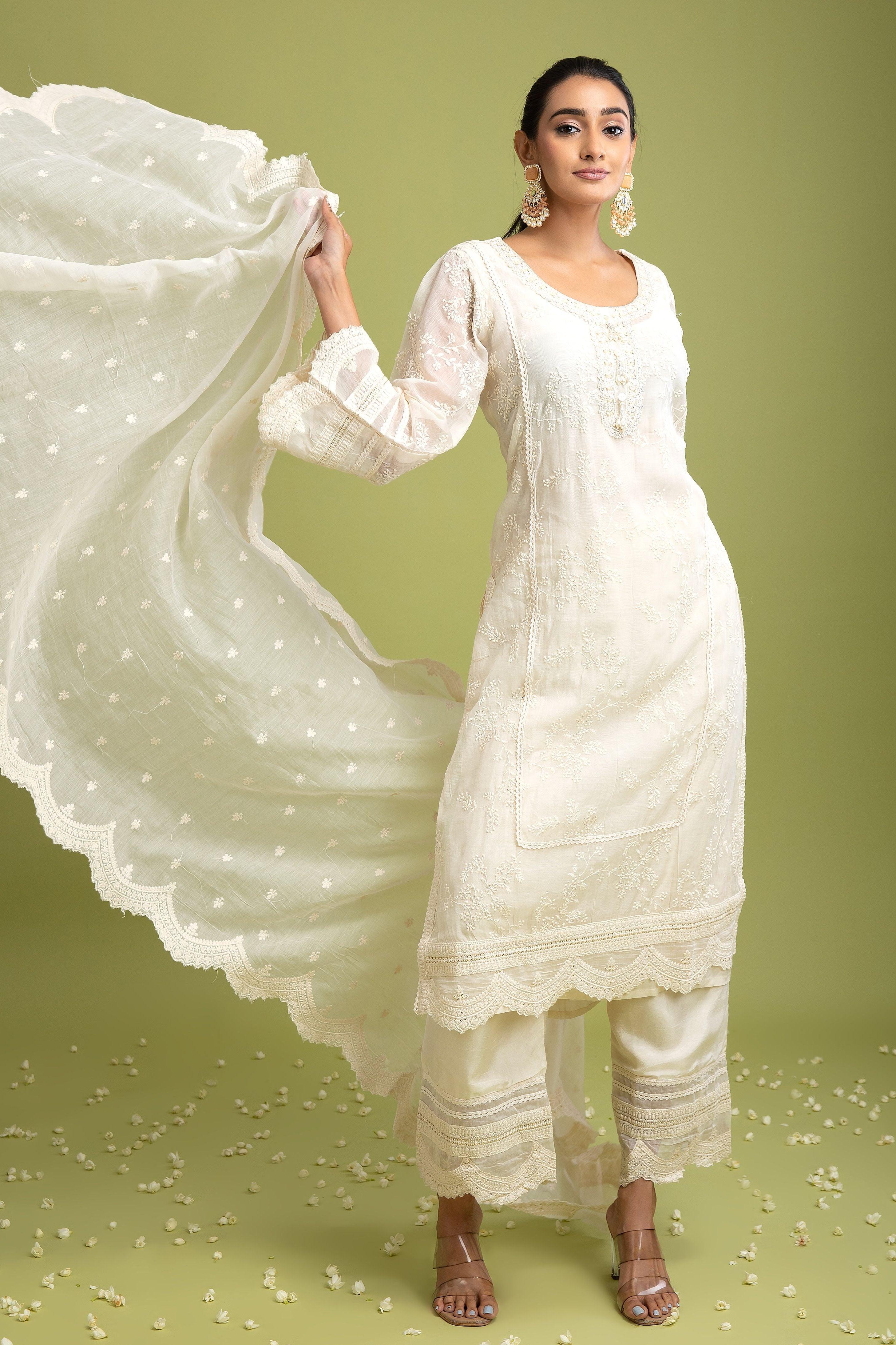 White Chanderi cotton salwar set - Mokshaa