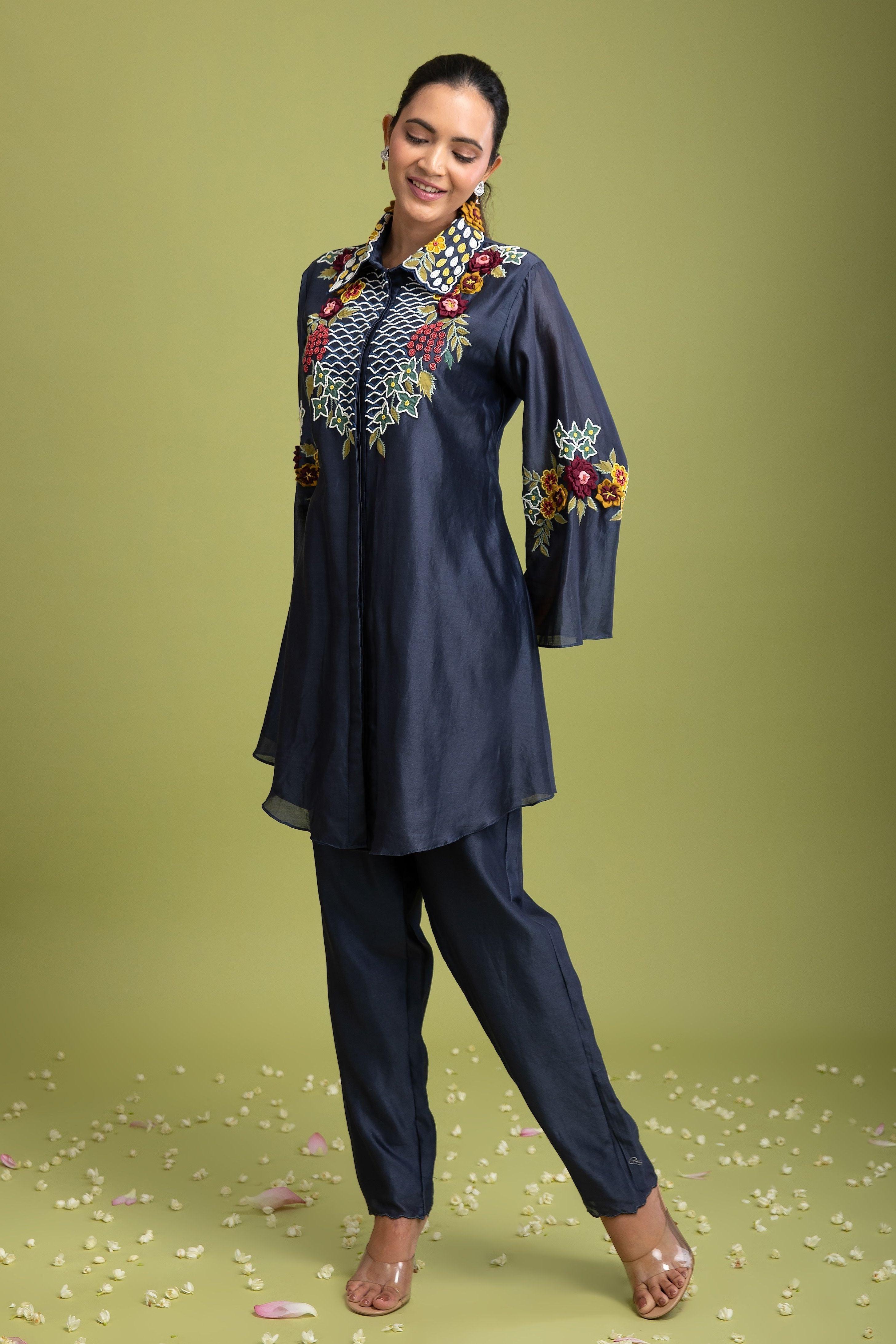 Blue Grey Cotton Silk Co-ord Set - Mokshaa