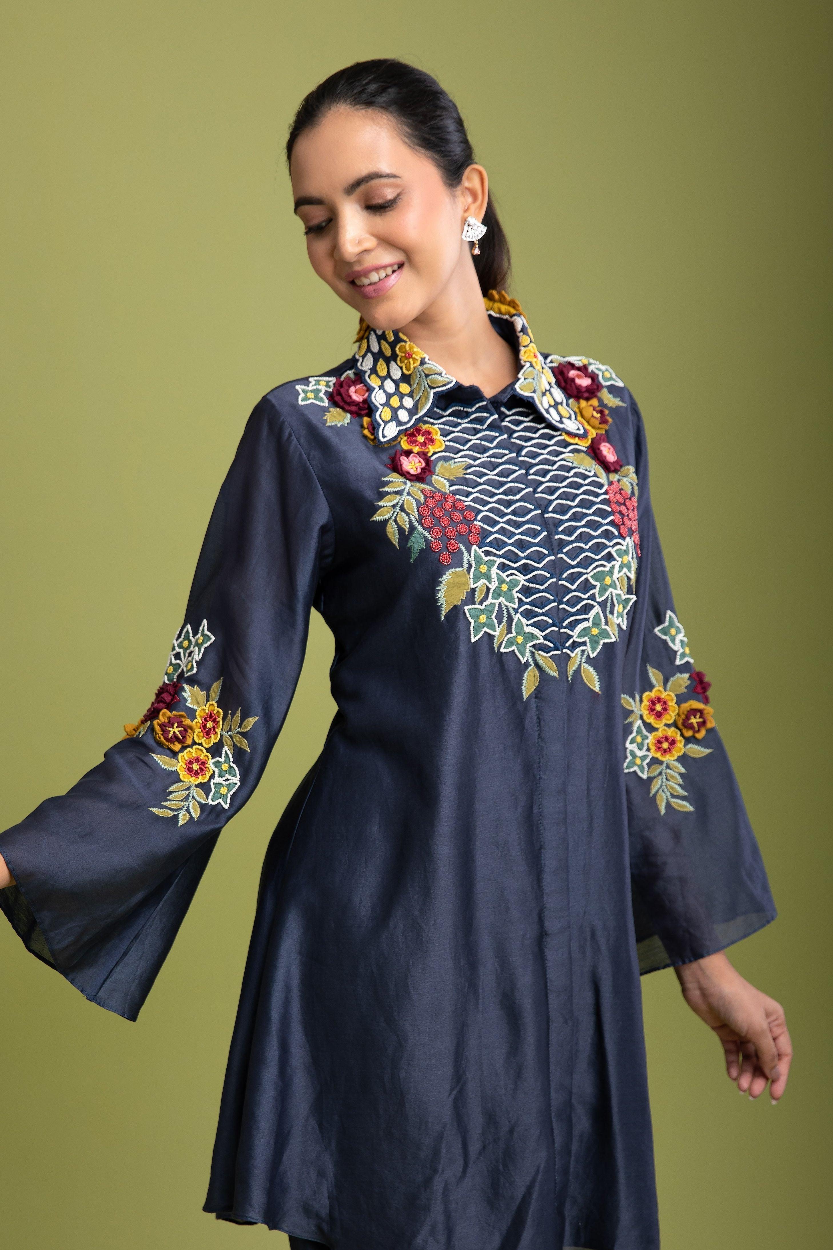 Blue Grey Cotton Silk Co-ord Set - Mokshaa