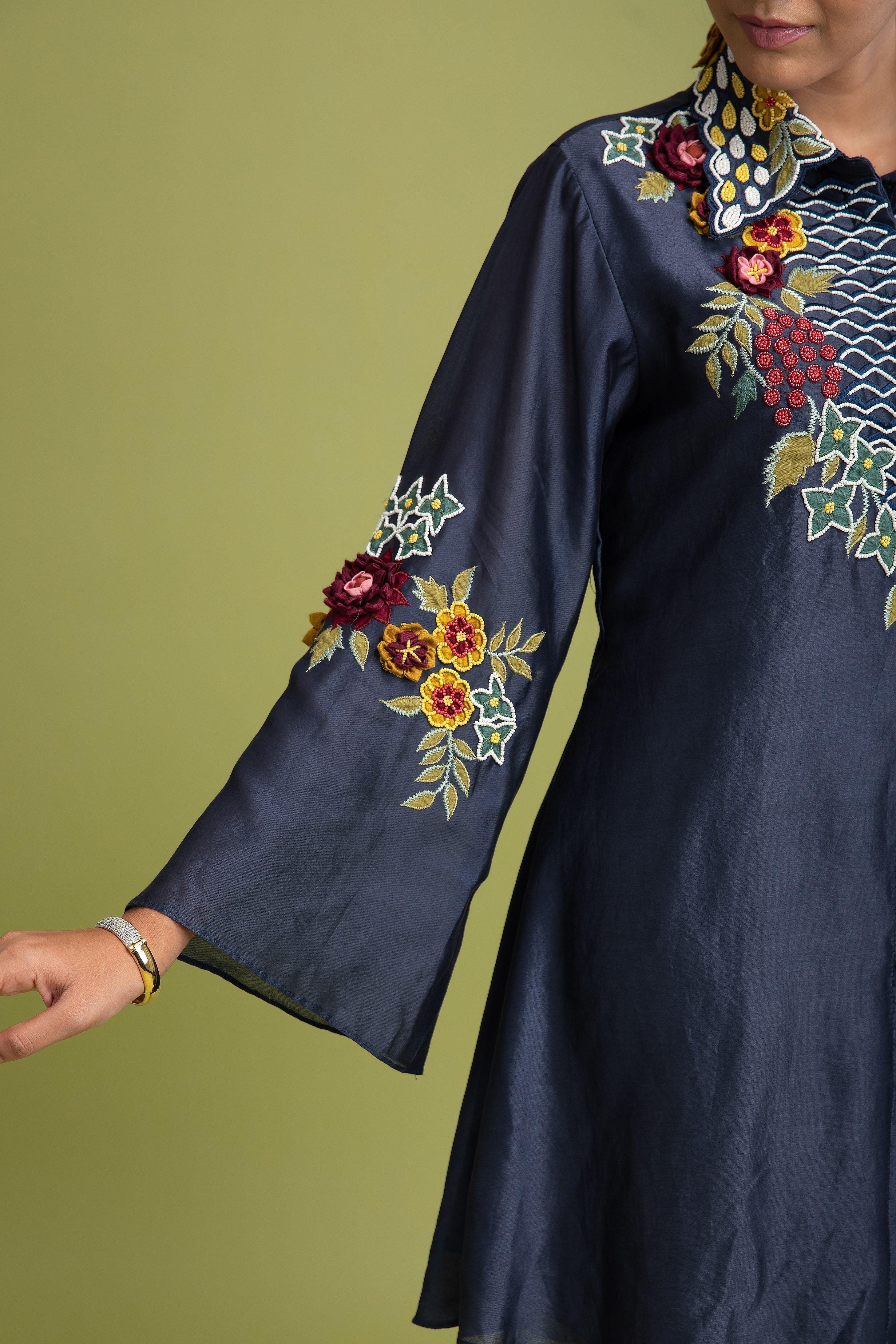 Blue Grey Cotton Silk Co-ord Set - Mokshaa