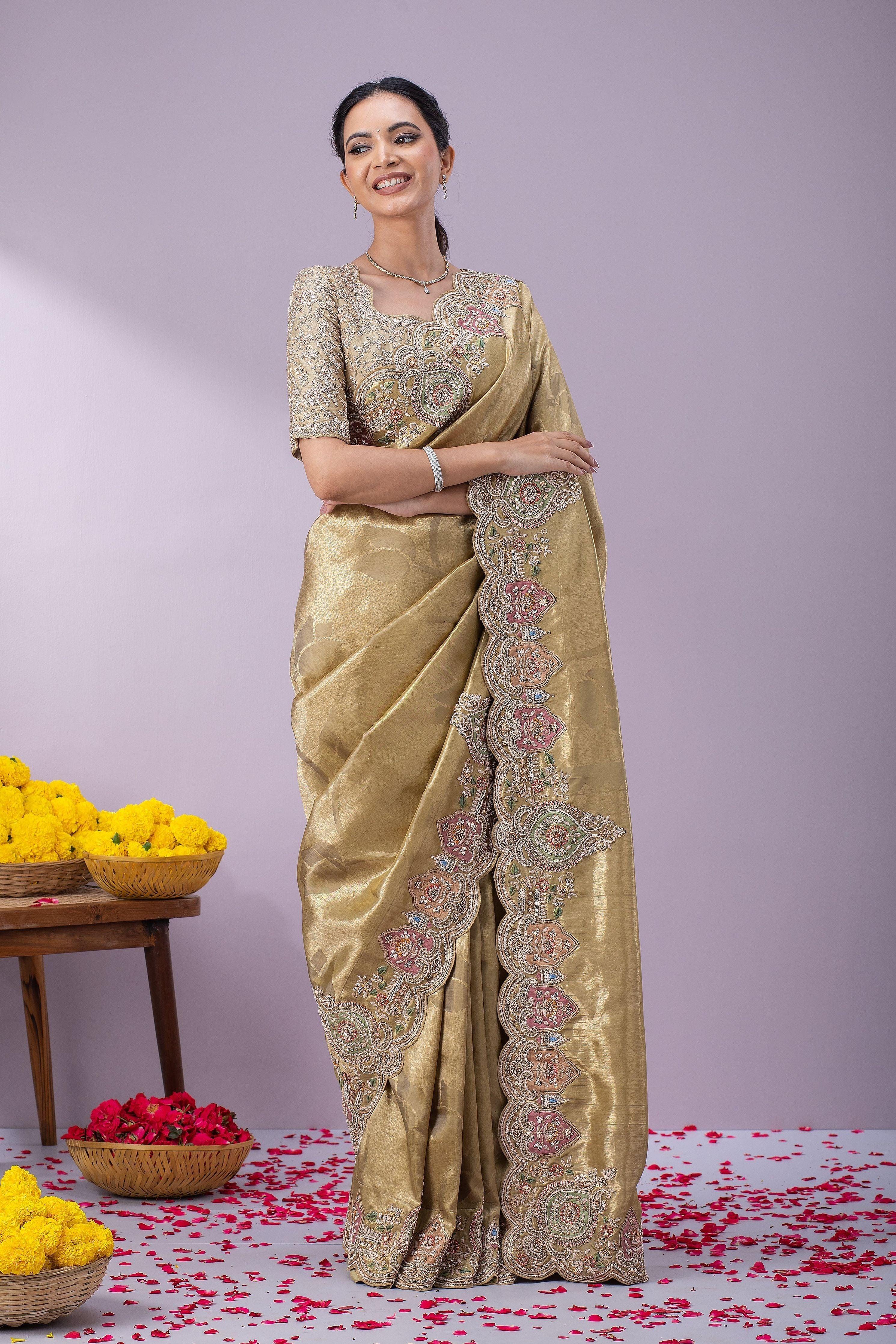 Beige Gold Kanchipuram Silk Saree - Mokshaa