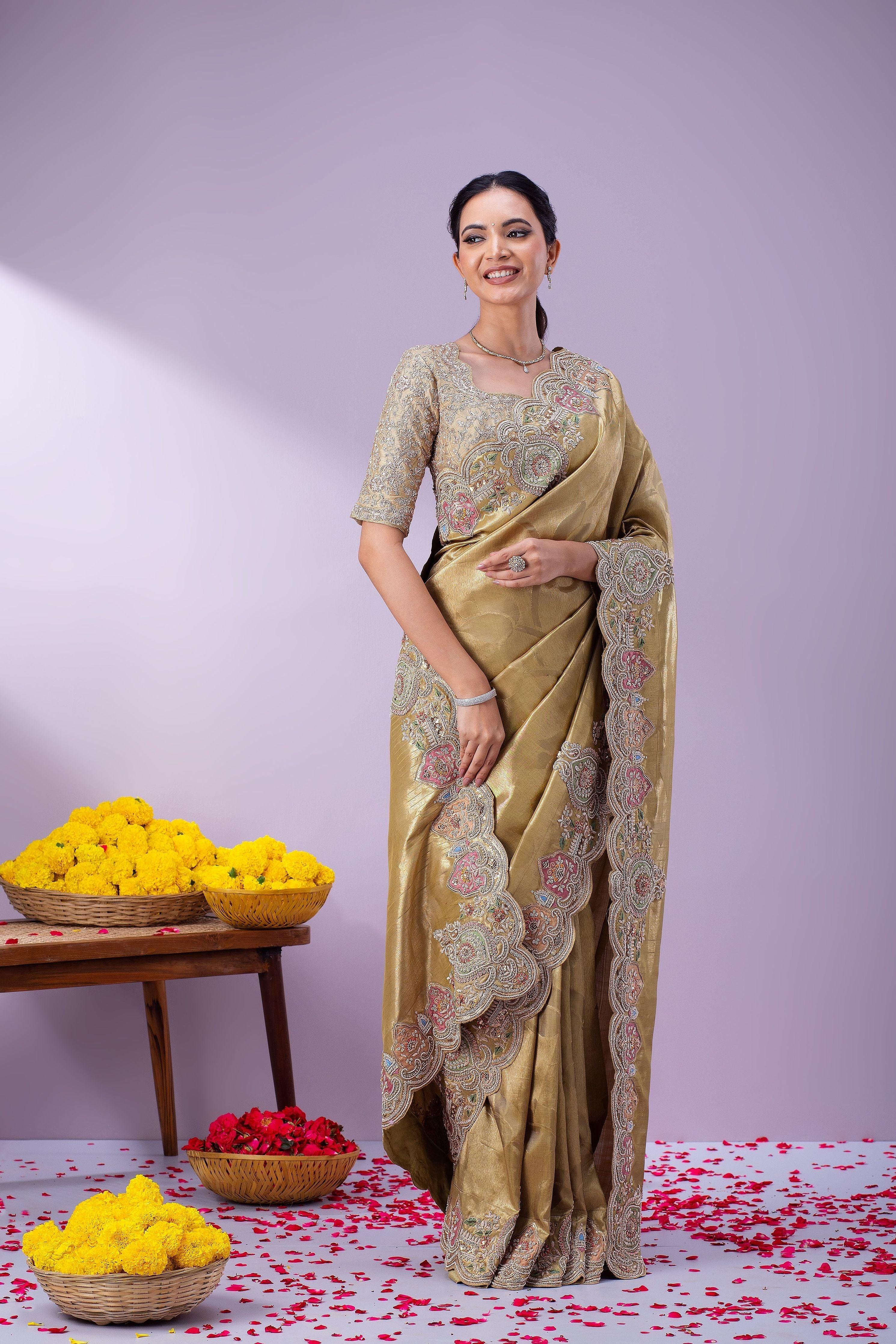 Beige Gold Kanchipuram Silk Saree - Mokshaa